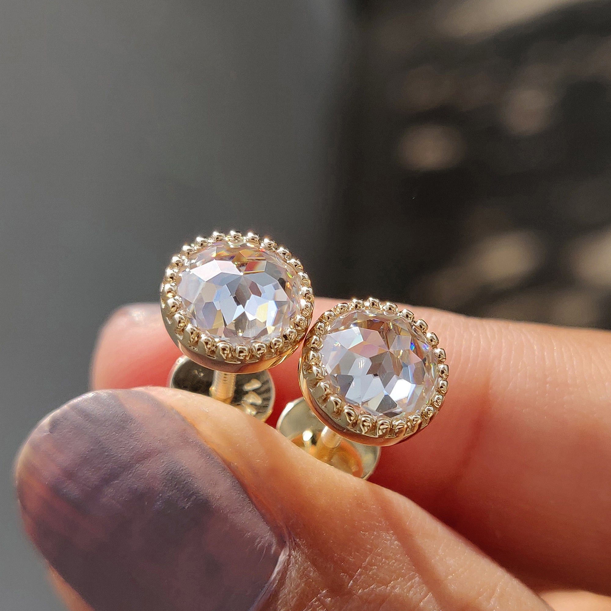 Round Rose Cut Moissanite Earrings In Milgrain Setting