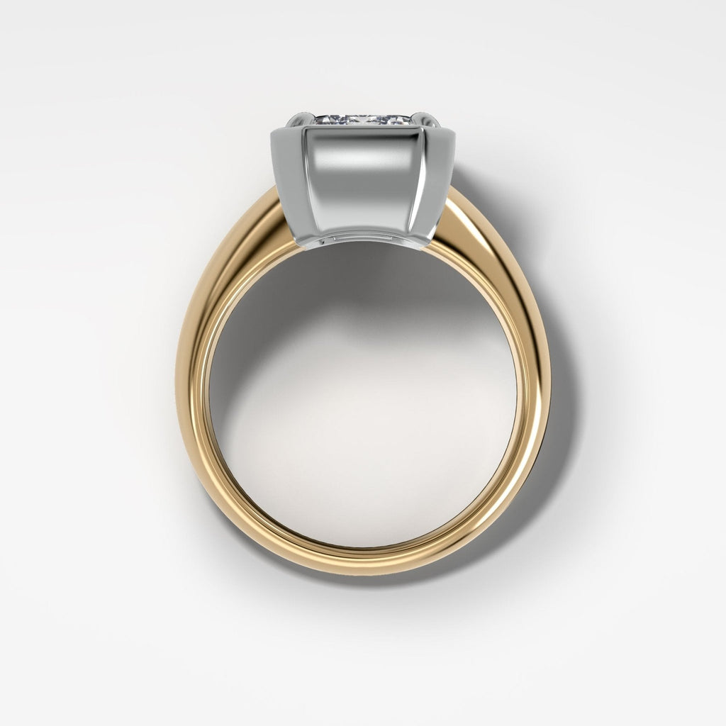 Mixed Metal Club Ring Solitaire Engagement Ring With an Emerald Cut Diamond