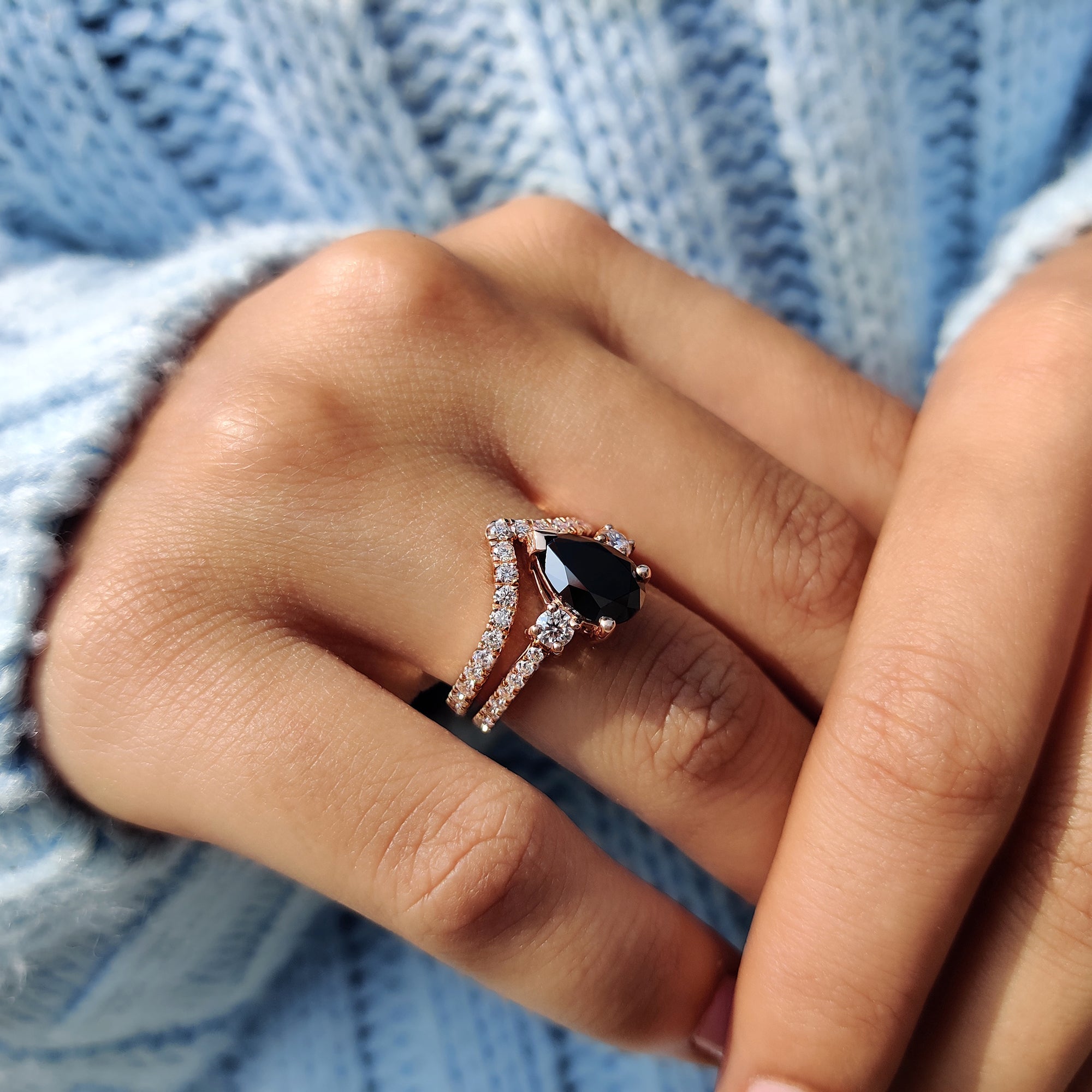 Black Pear Engagement Ring With Curved Wedding Band