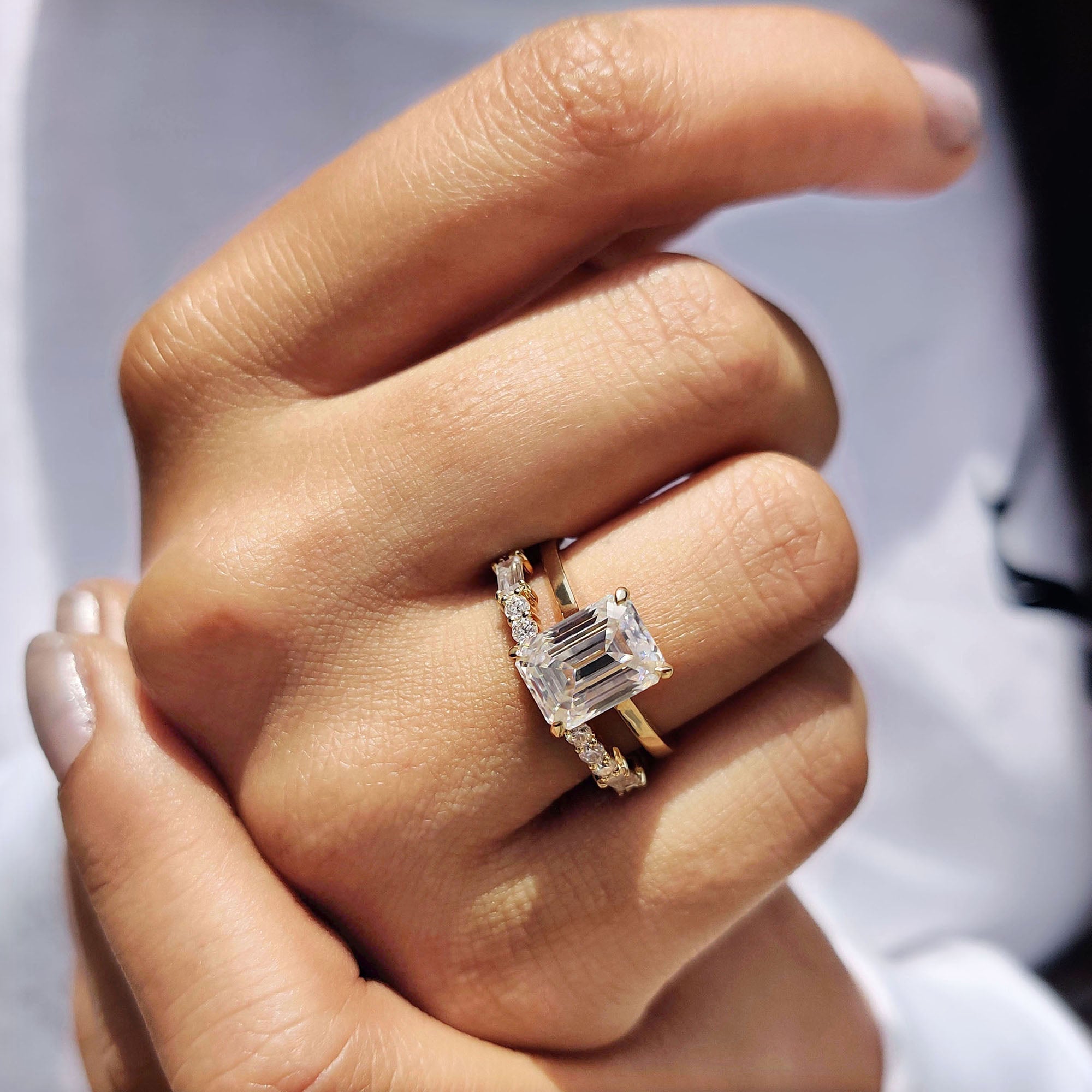 Hidden Halo Emerald Cut Engagement Ring With Eternity Band