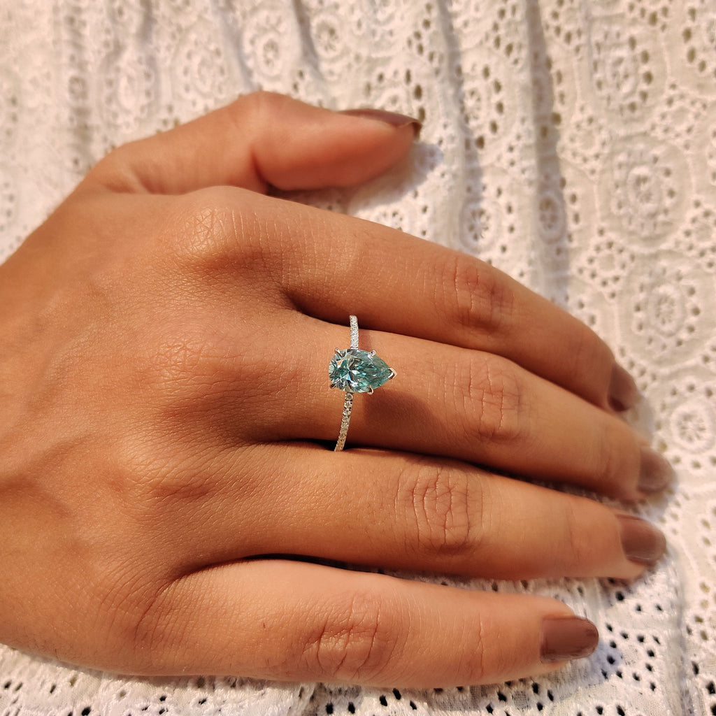 Cyan Blue Pear Shaped Moissanite Ring