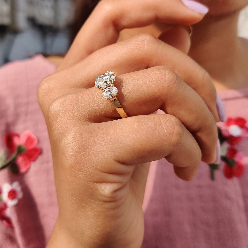 3 Stone Oval Engagement Ring With Double prong setting