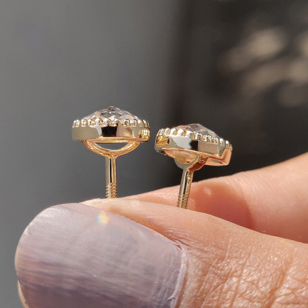 Round Rose Cut Moissanite Earrings In Milgrain Setting