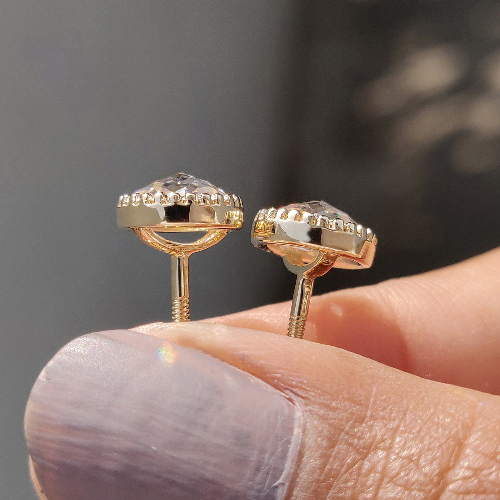 Round Rose Cut Moissanite Earrings In Milgrain Setting