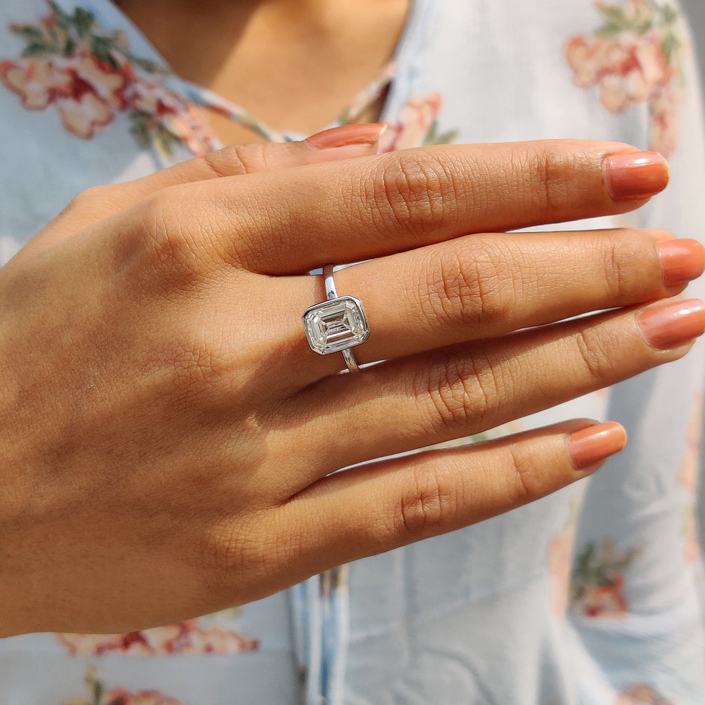 Emerald Cut Bezel Ring in Classic Solitaire Setting