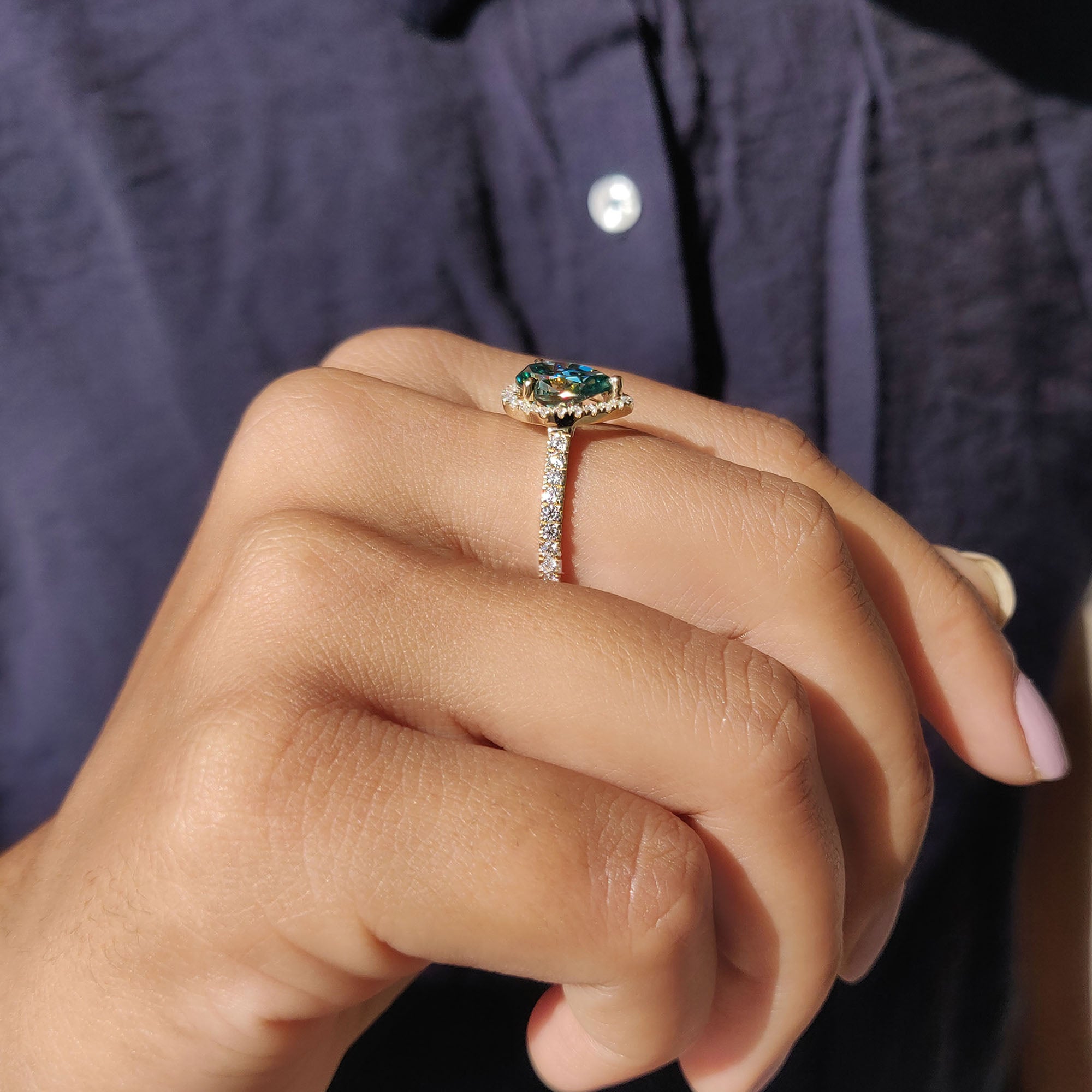 Cyan Blue Pear Cut Engagement Ring In Halo Style