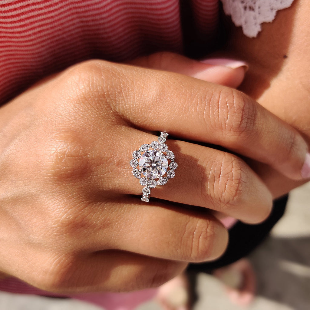 Round Cut Vintage Moissanite Ring In Halo Style