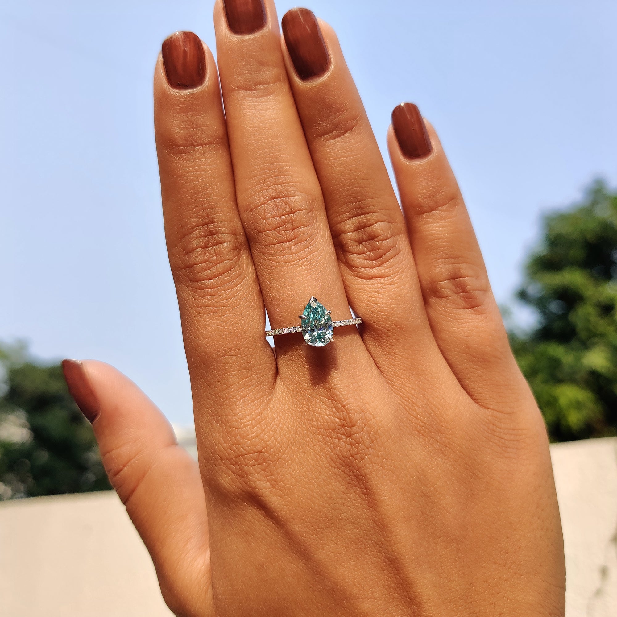 Cyan Blue Pear Shaped Moissanite Ring