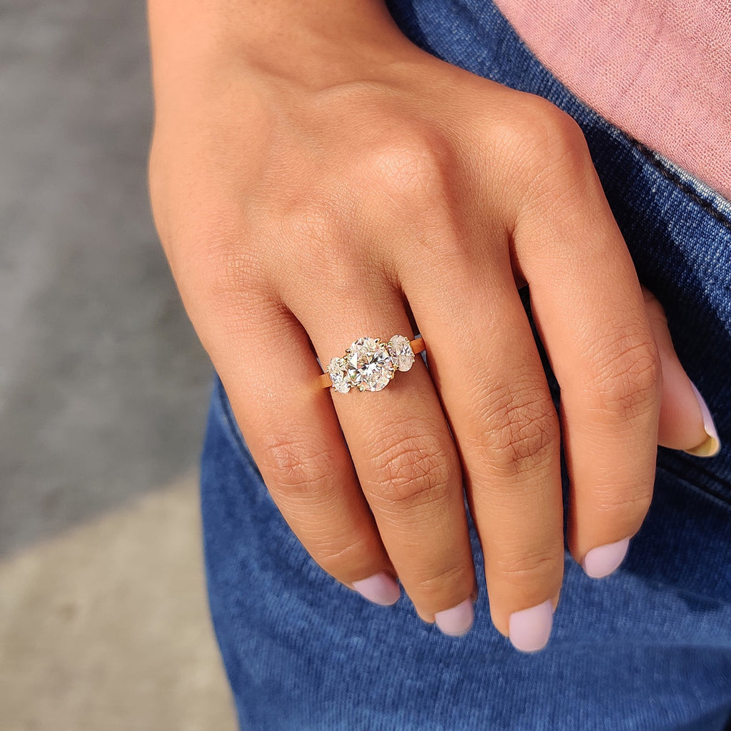 3 Stone Oval Engagement Ring With Double prong setting