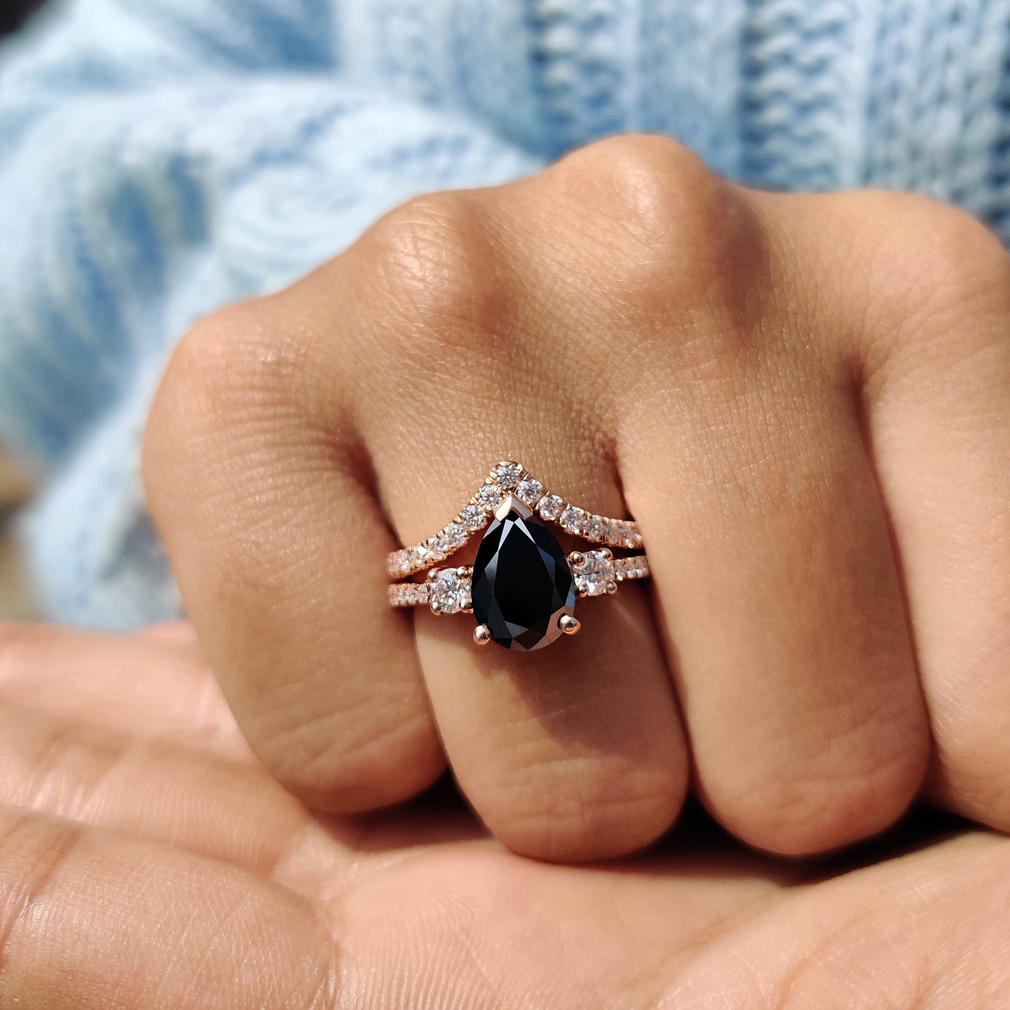 Black Pear Engagement Ring With Curved Wedding Band