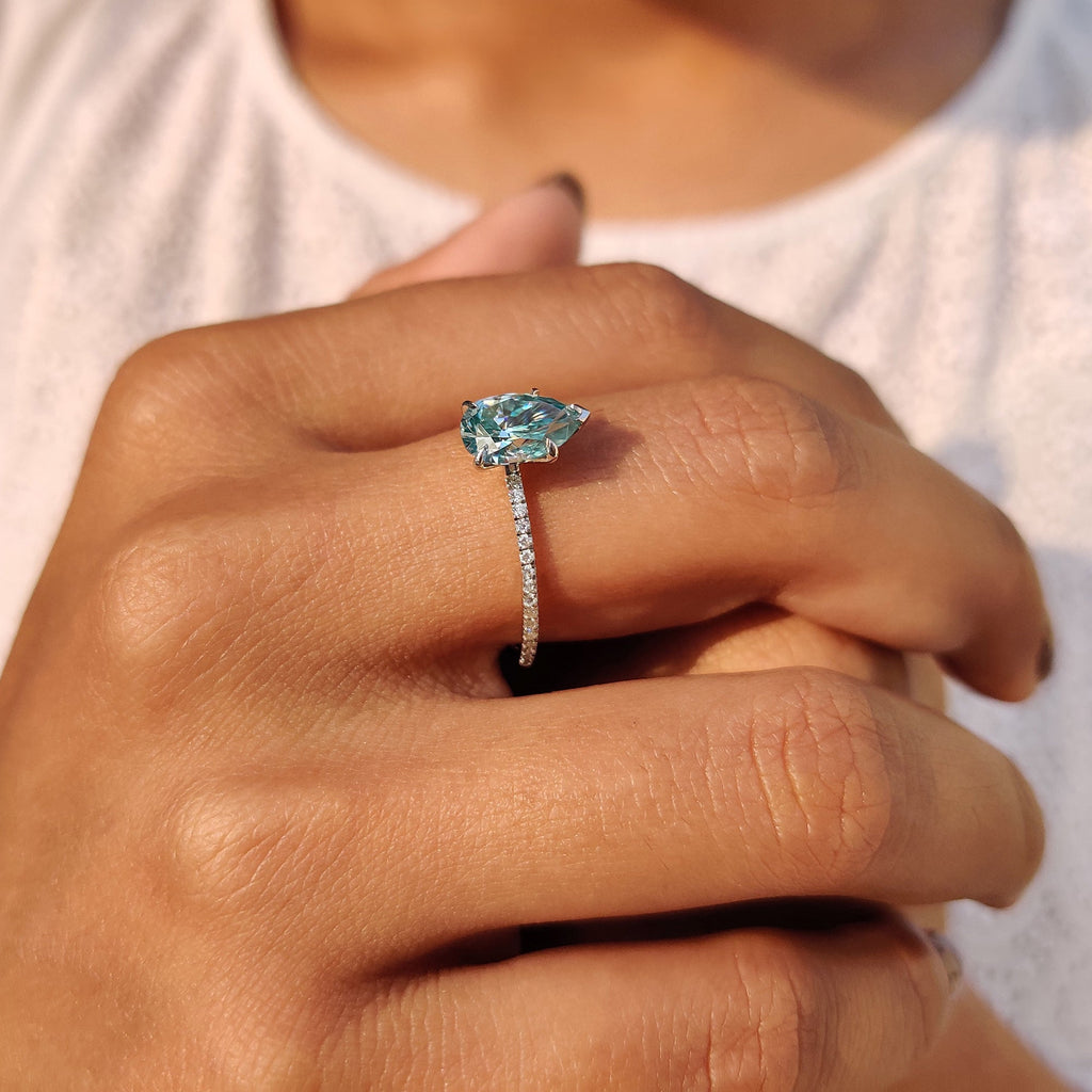 Cyan Blue Pear Shaped Moissanite Ring