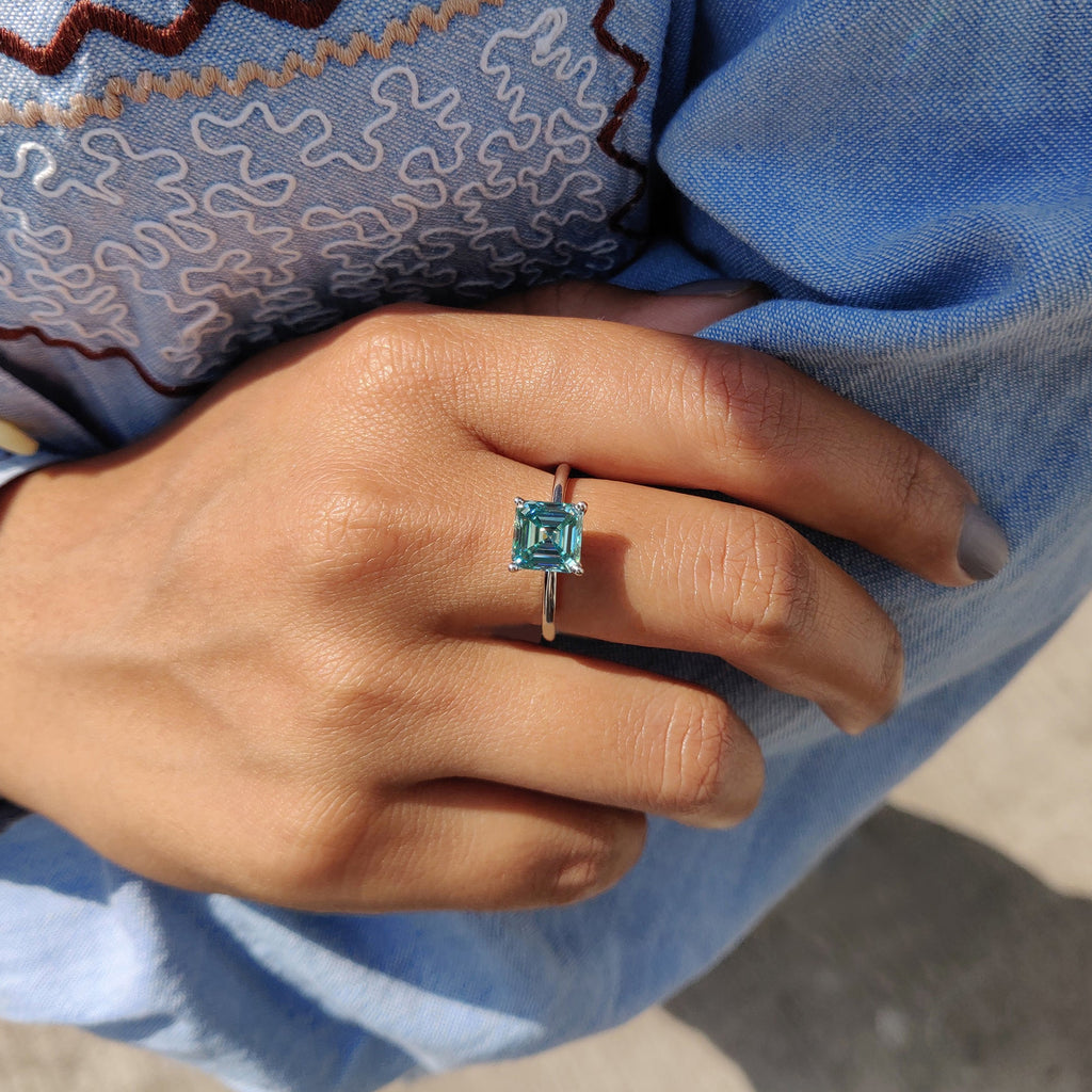 Cyan Blue Asscher Cut Solitaire Ring