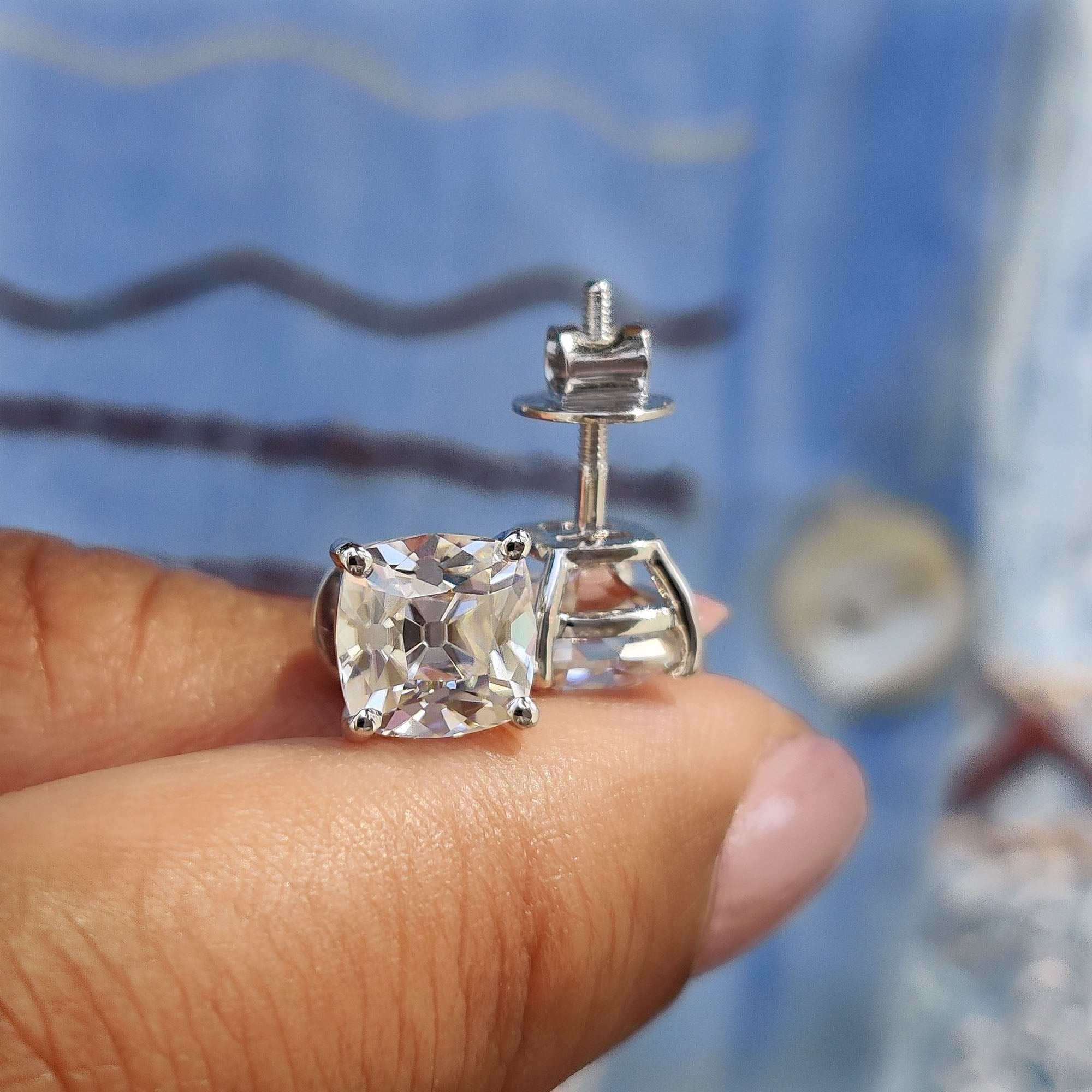 Cushion Old European Cut Stud Earrings Featuring Screw Back