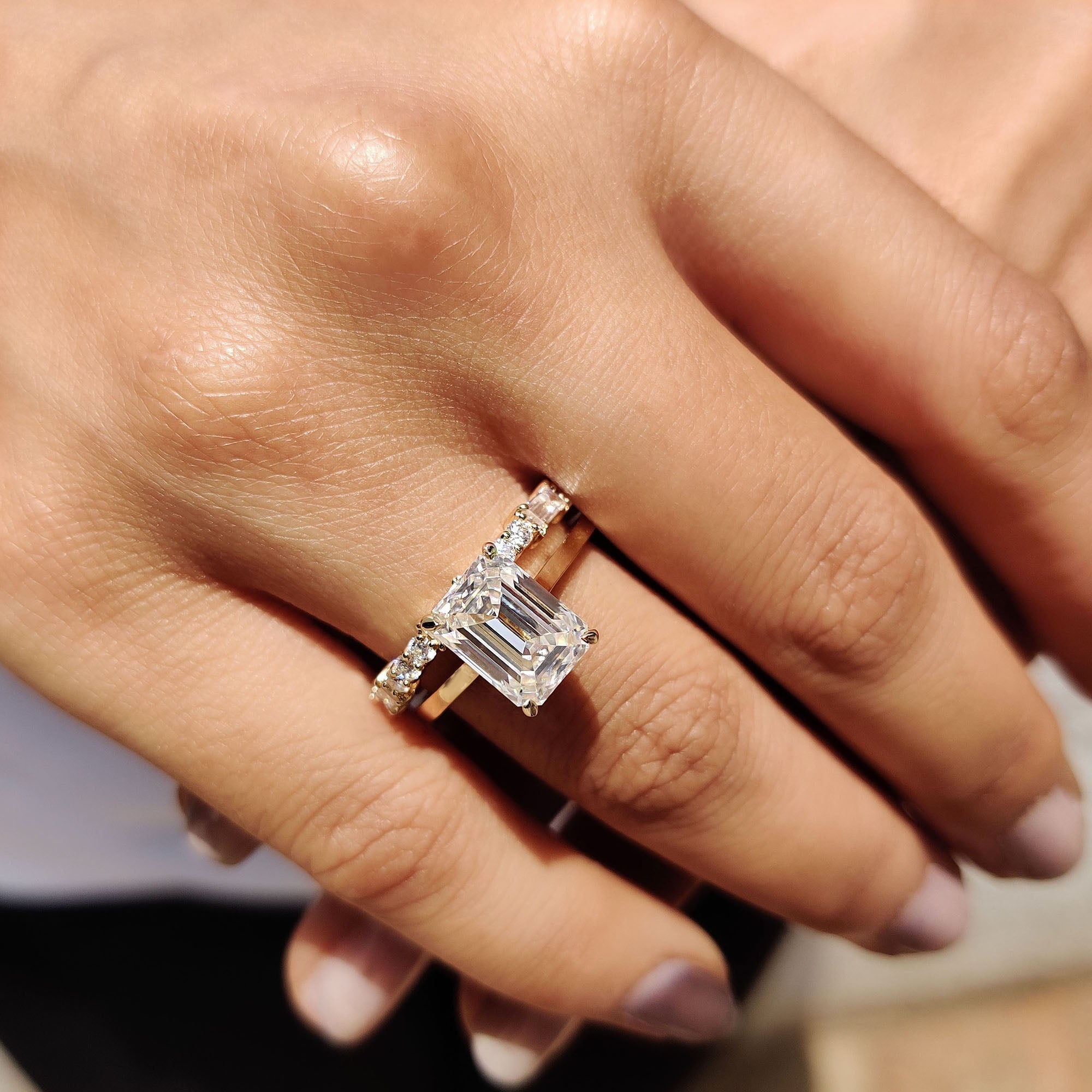 Hidden Halo Emerald Cut Engagement Ring With Eternity Band