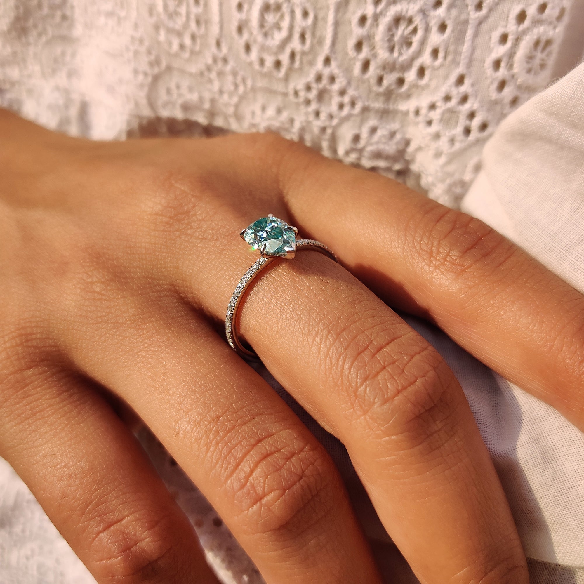 Cyan Blue Pear Shaped Moissanite Ring