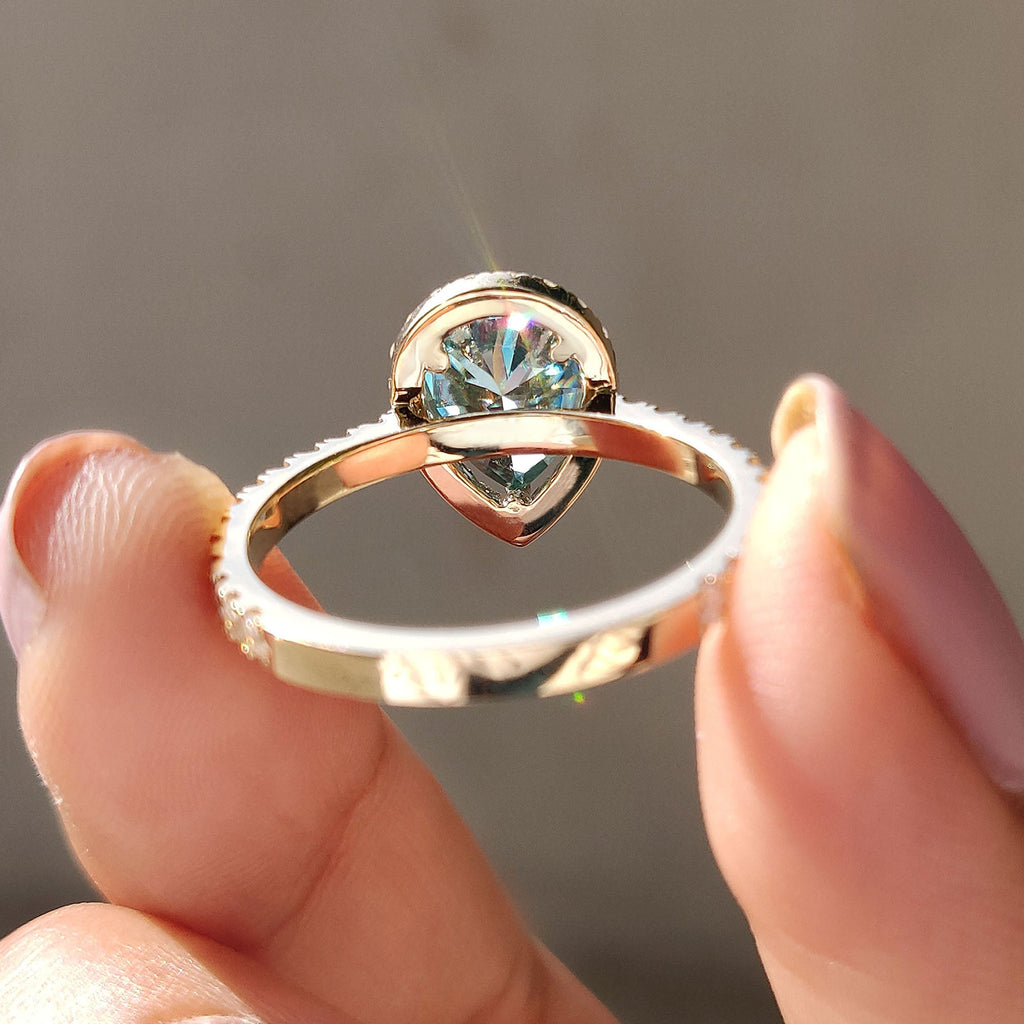 Cyan Blue Pear Cut Engagement Ring In Halo Style
