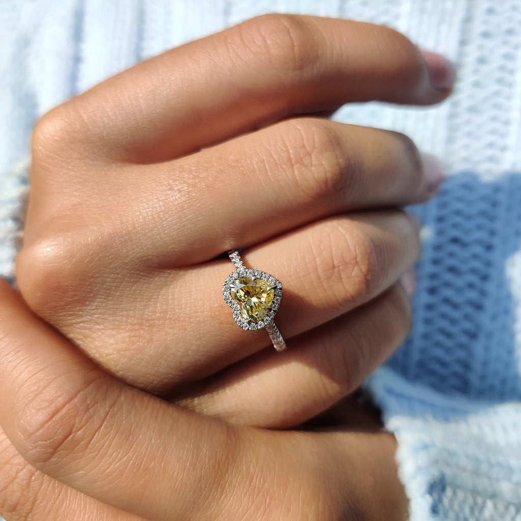 Halo Set Canary Yellow Heart Cut Engagement Ring