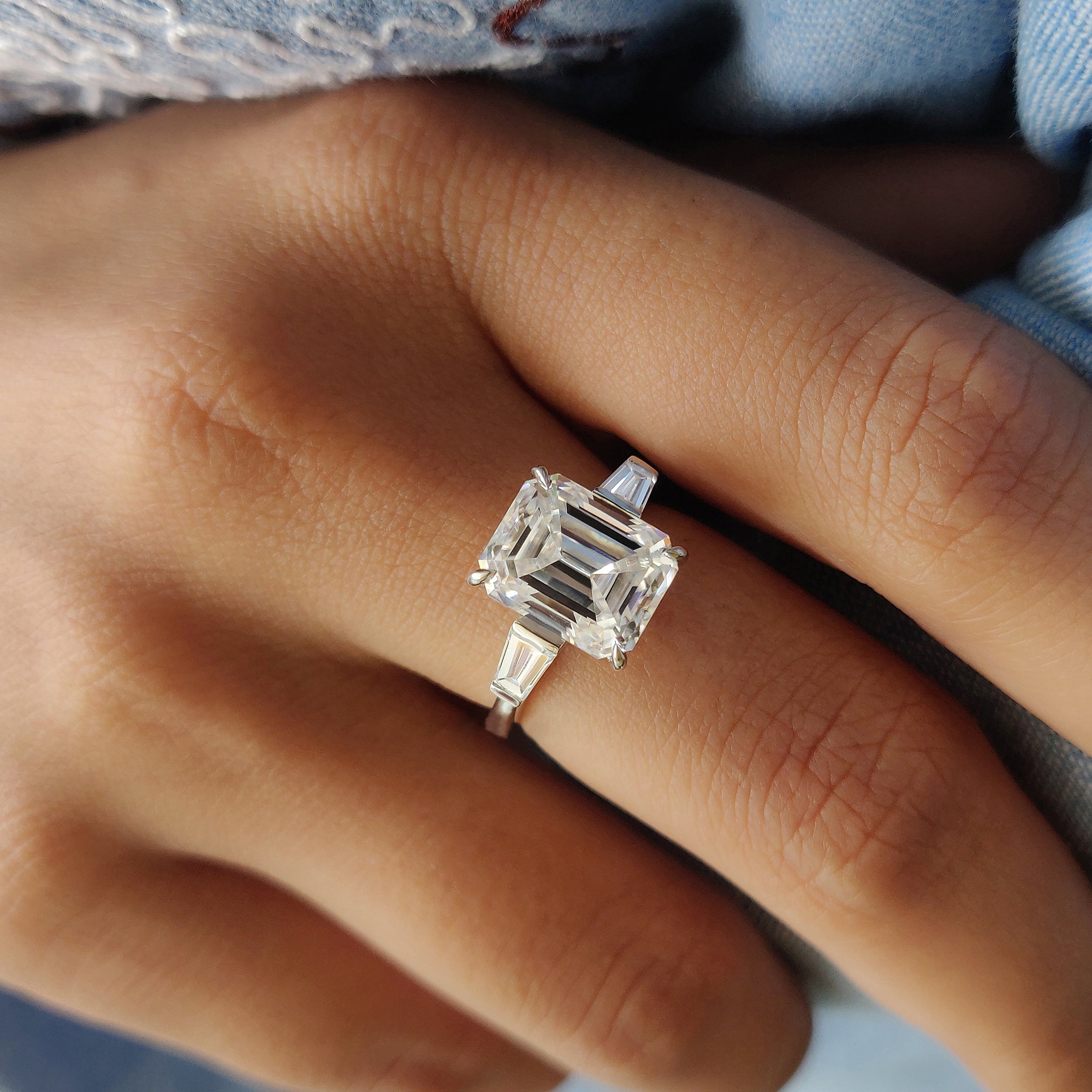 Emerald Cut Moissanite Ring In 3 Stone Style Main image