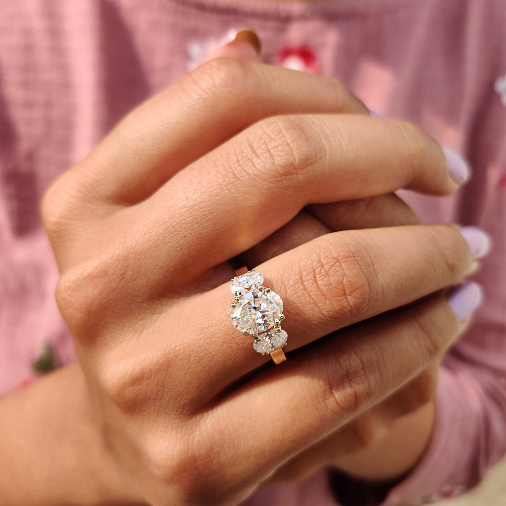3 Stone Oval Engagement Ring With Double prong setting