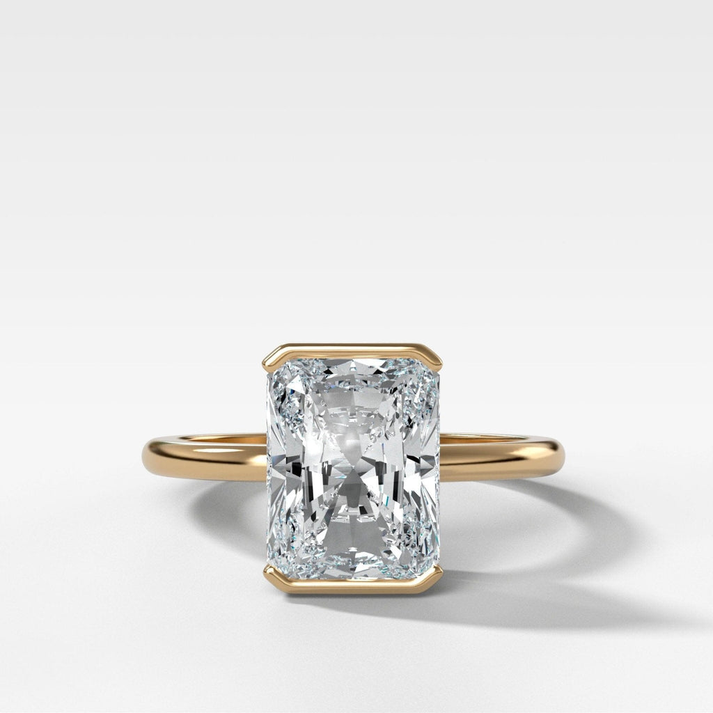 North South Half Bezel Solitaire Engagement Ring with 3.09ct Lab Grown Elongated Radiant Cut Diamond