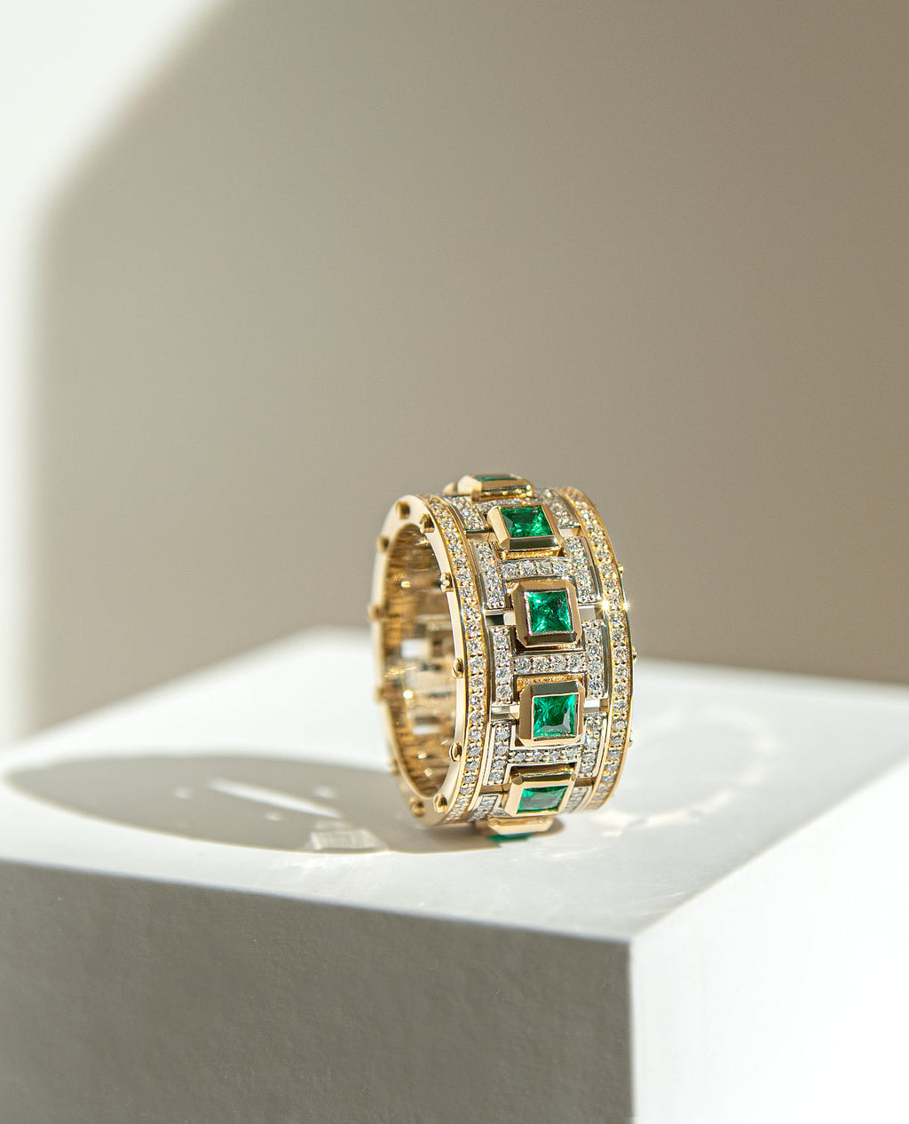 LA PAZ Two Tone Gold Diamond Matching Wedding Band Set with Sapphires and Emeralds
