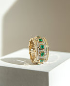 LA PAZ Two Tone Gold Diamond Matching Wedding Band Set with Sapphires and Emeralds