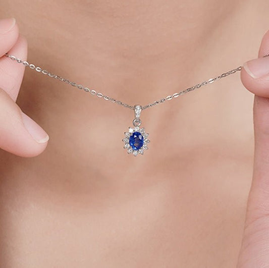 Oval Blue Sapphire Diamond Pendant and necklace White Gold