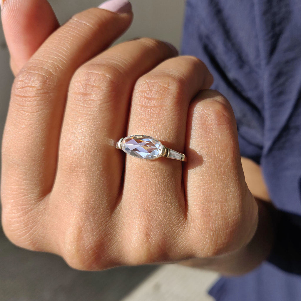 Oval Rose Cut Three Stone Engagement Ring
