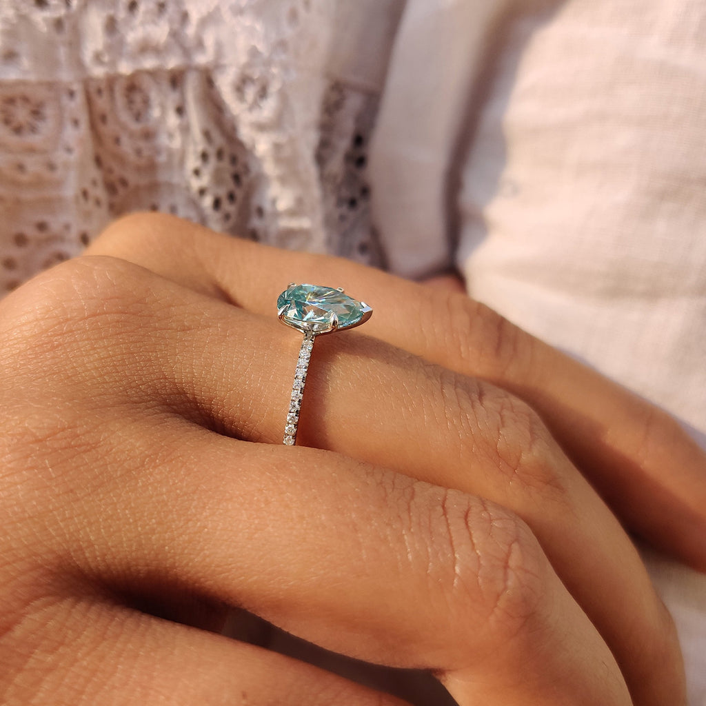 Cyan Blue Pear Shaped Moissanite Ring