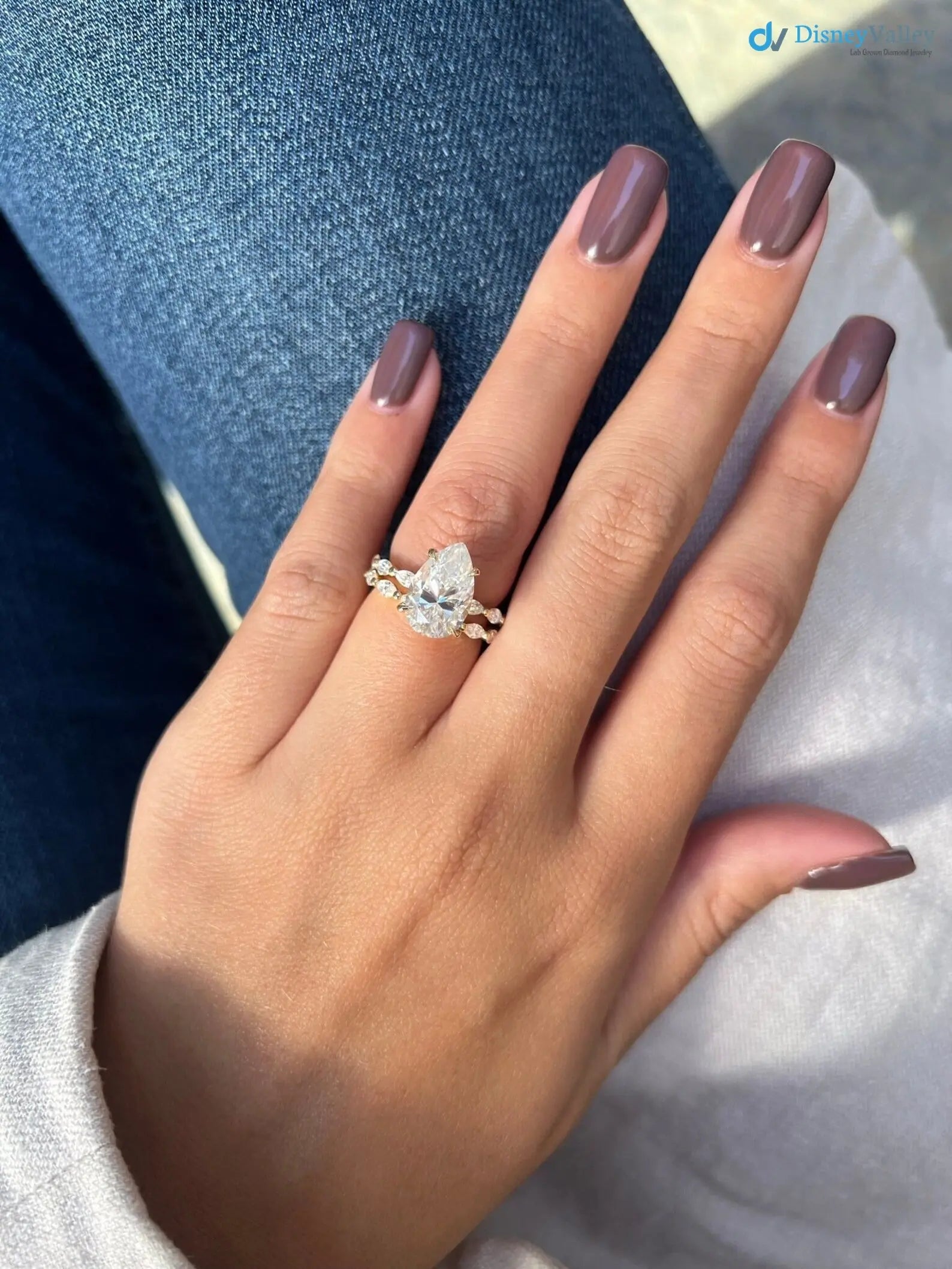 pear cut engagement ring set, 3ct Lab Grown hidden halo diamond, eternity marquise wedding band DisneyValley