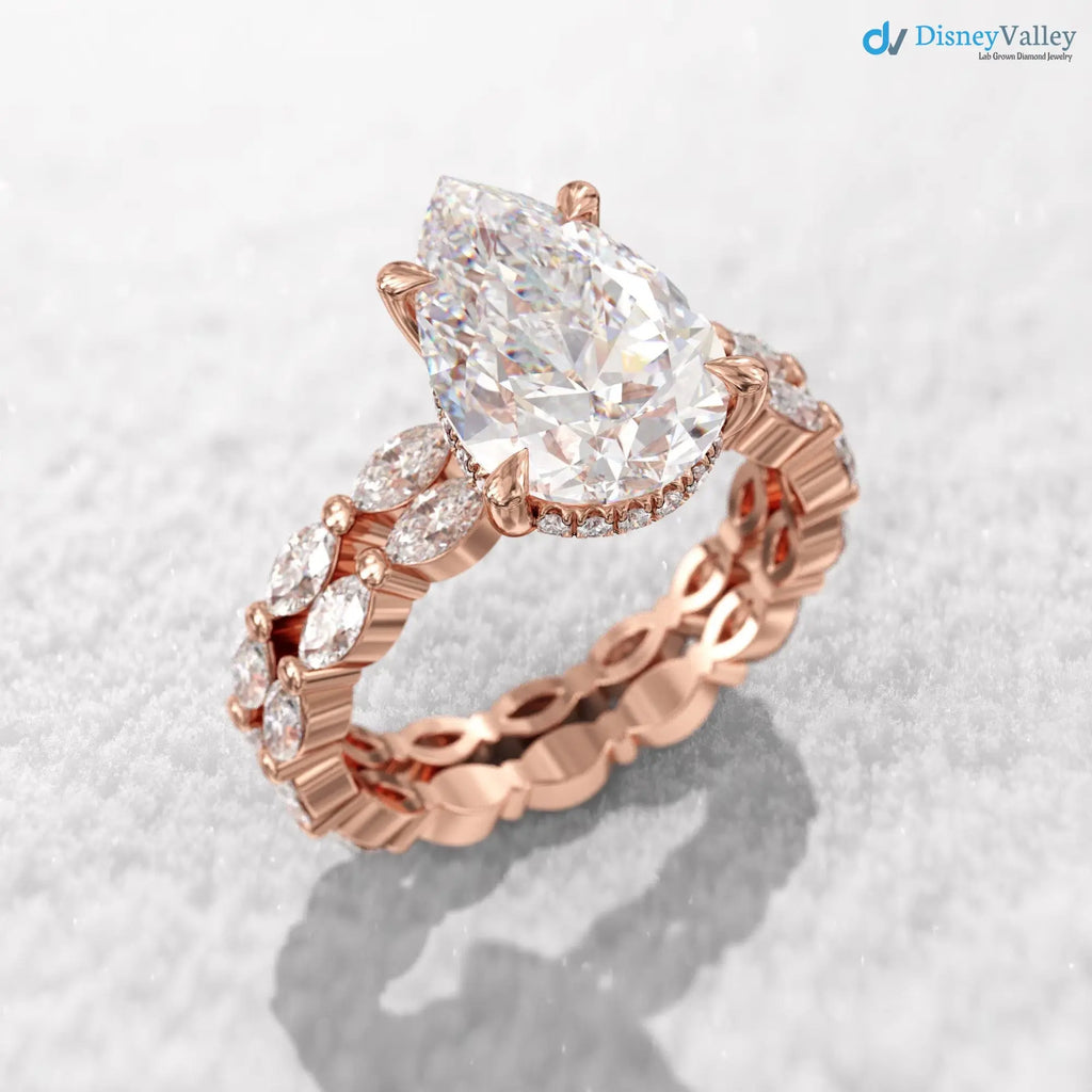 pear cut engagement ring set, 3ct Lab Grown hidden halo diamond, eternity marquise wedding band DisneyValley