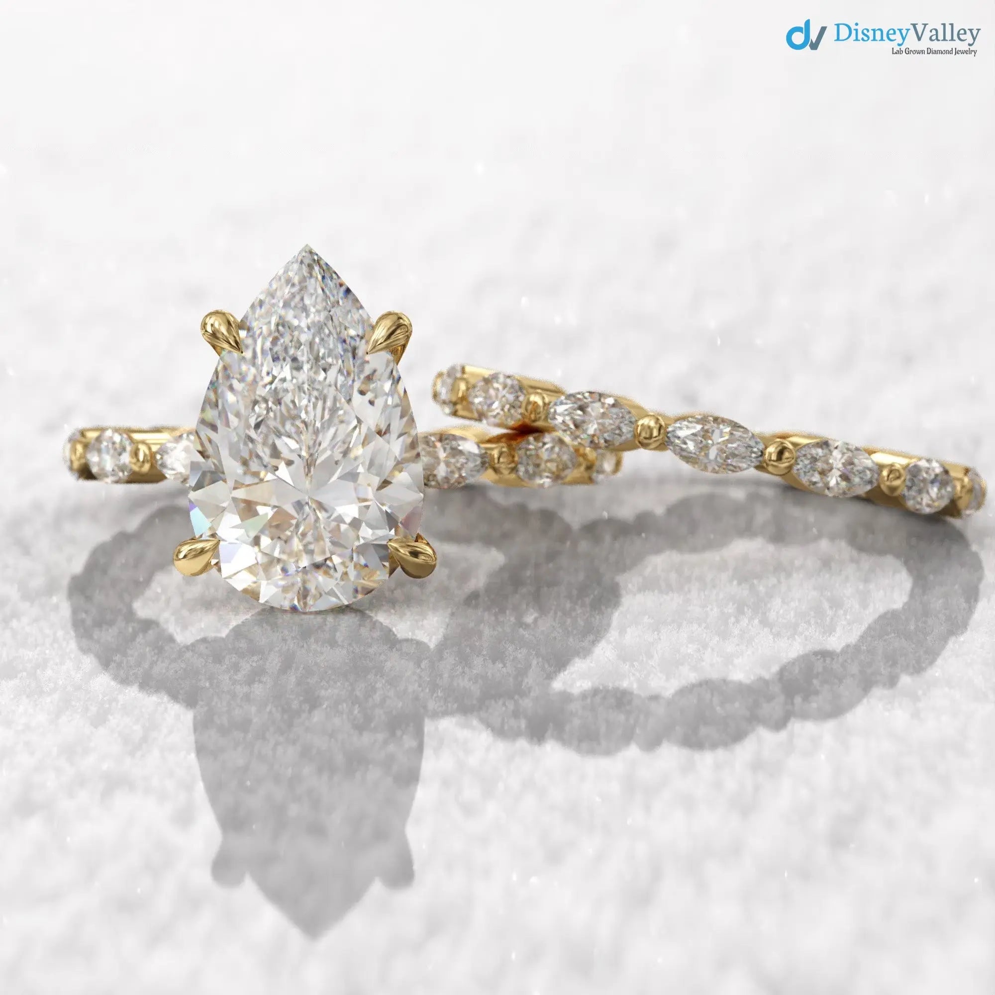 pear cut engagement ring set, 3ct Lab Grown hidden halo diamond, eternity marquise wedding band DisneyValley