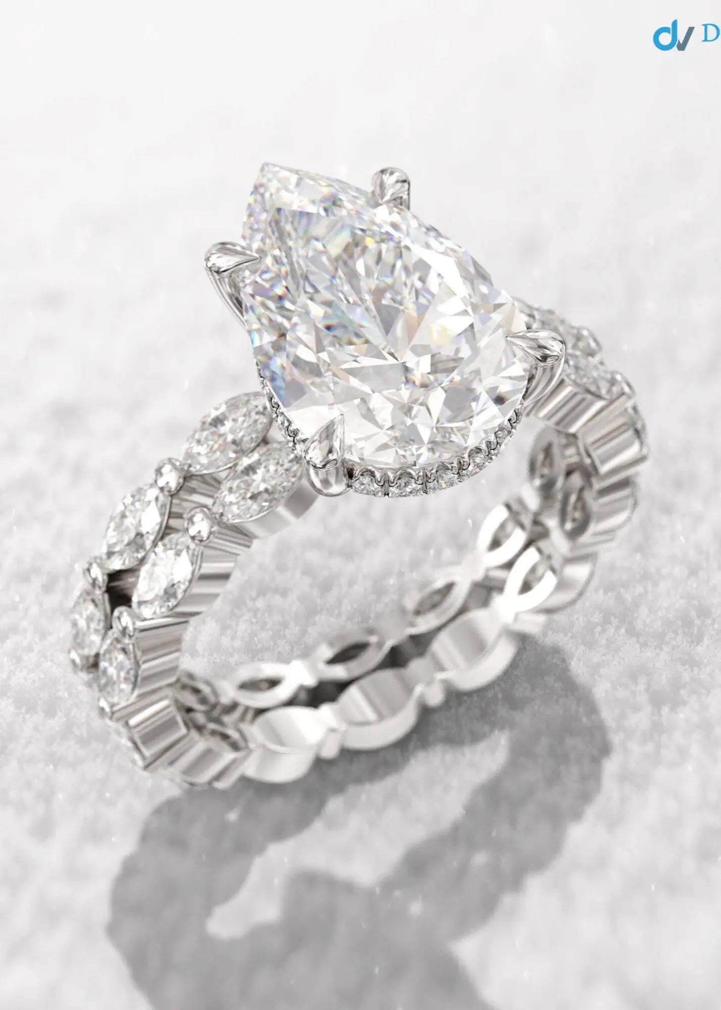 pear cut engagement ring set, 3ct Lab Grown hidden halo diamond, eternity marquise wedding band DisneyValley Main image
