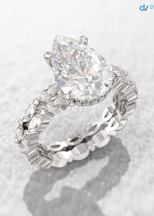 pear cut engagement ring set, 3ct Lab Grown hidden halo diamond, eternity marquise wedding band DisneyValley