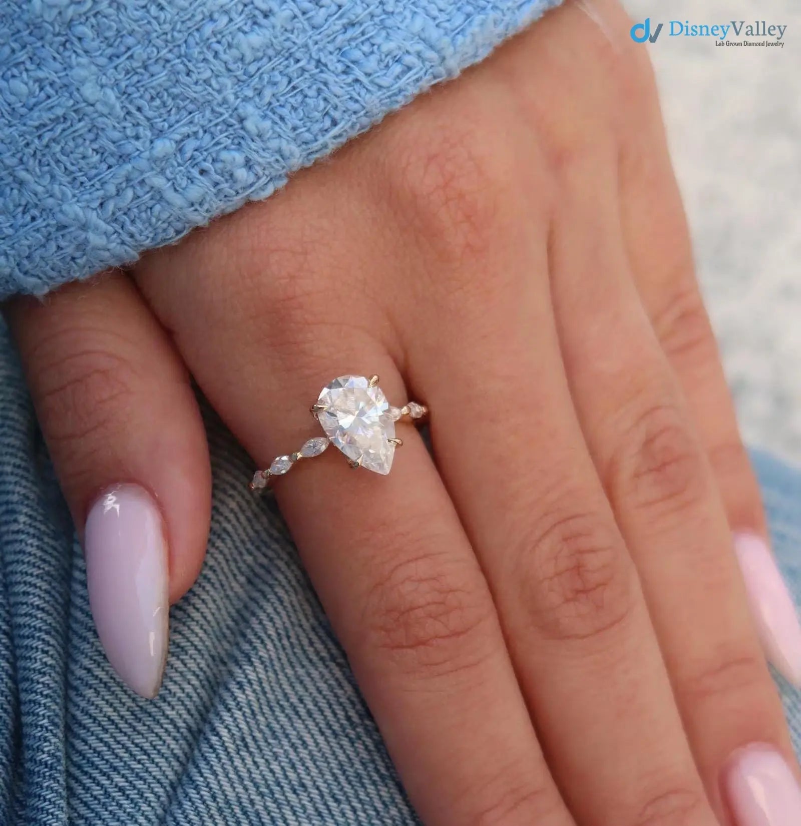 pear cut engagement ring set, 3ct Lab Grown hidden halo diamond, eternity marquise wedding band DisneyValley