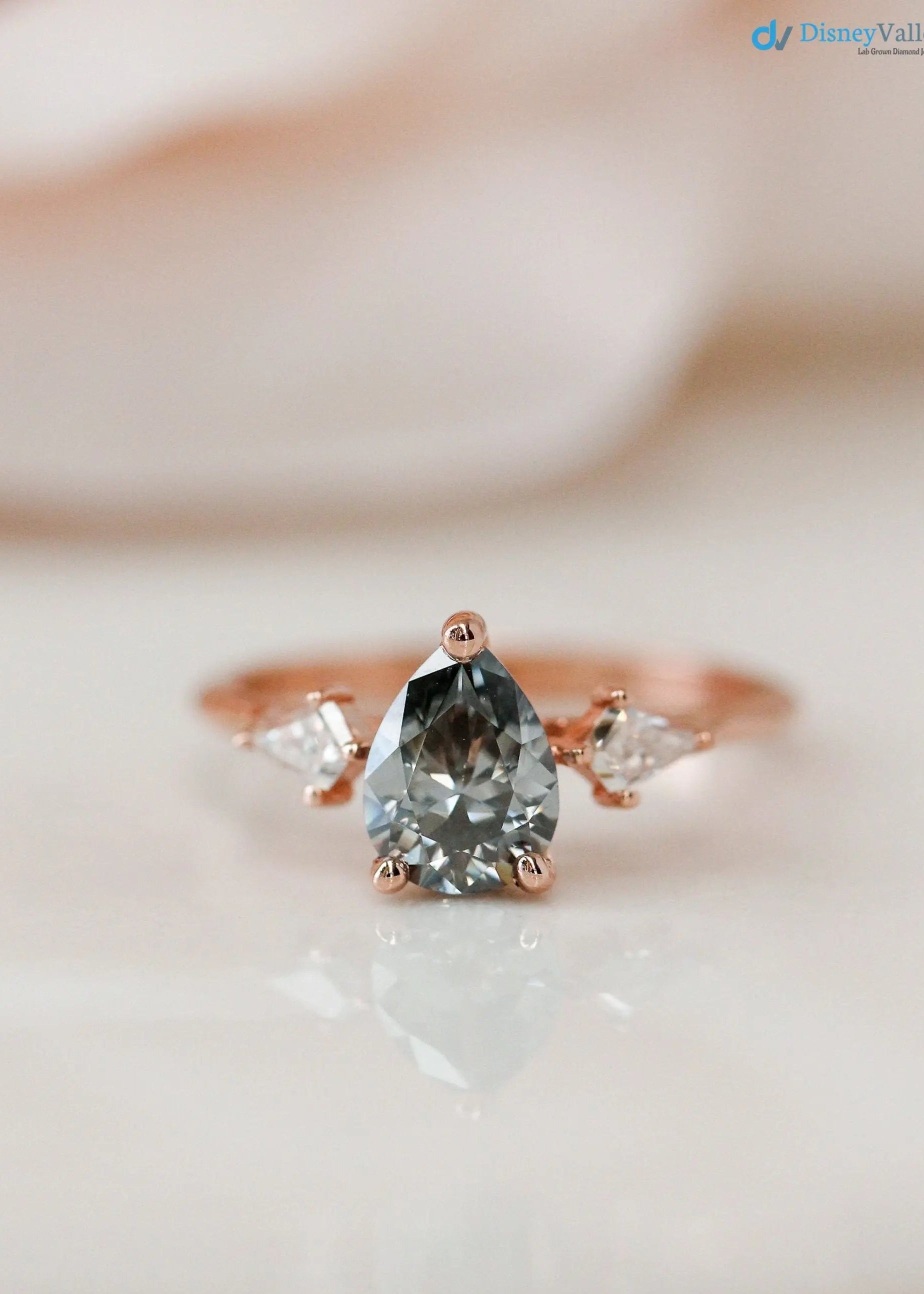 pear cut with solid Gold Grey lab grown Wedding Ring - DisneyValley