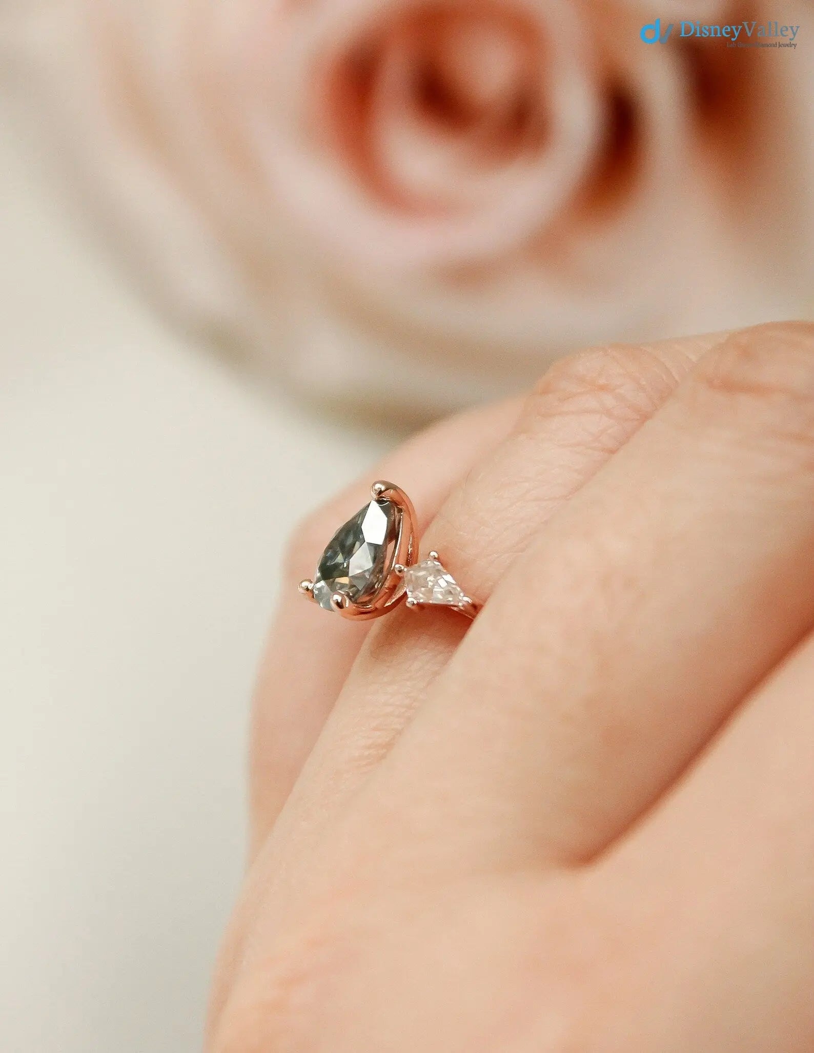 pear cut with solid Gold Grey lab grown Wedding Ring - DisneyValley