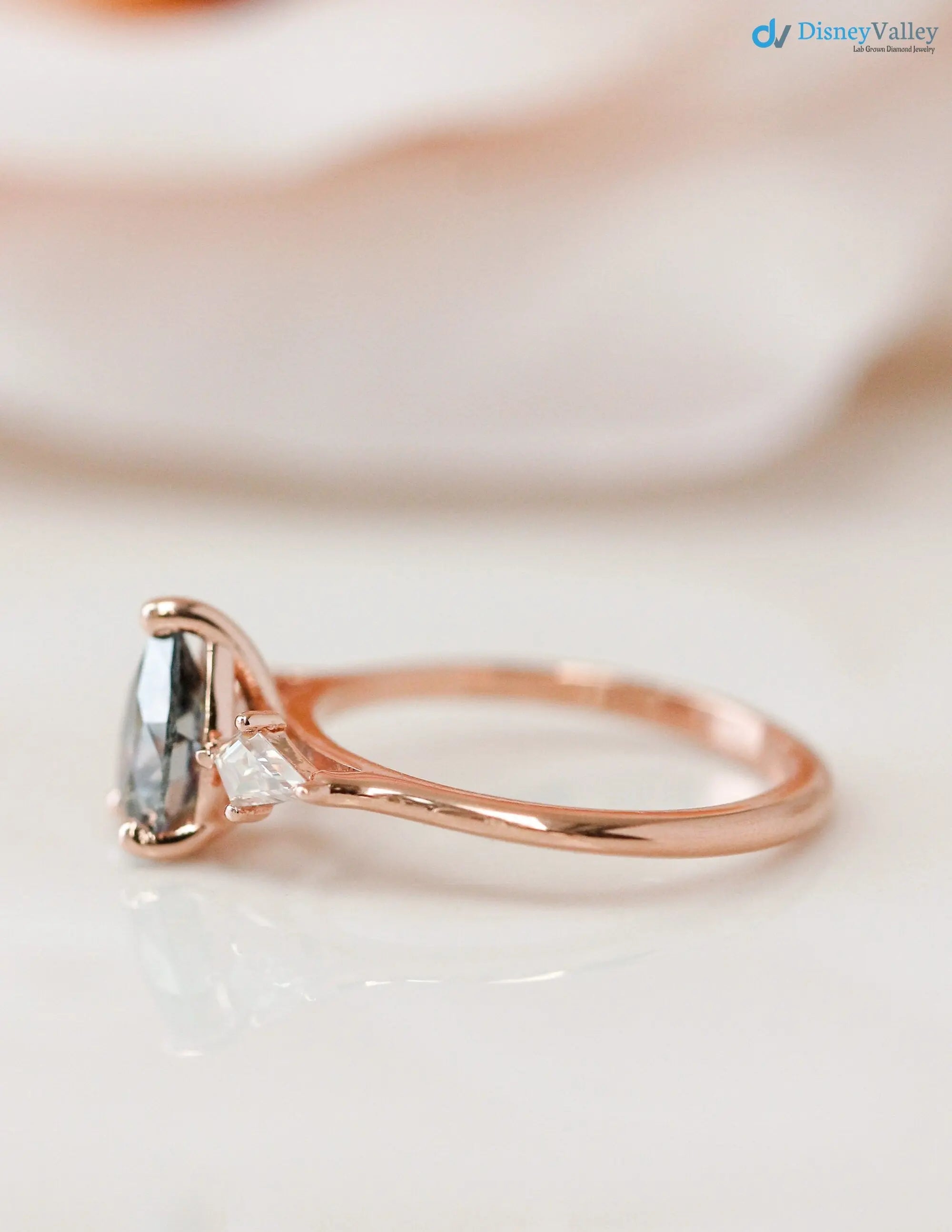pear cut with solid Gold Grey lab grown Wedding Ring - DisneyValley