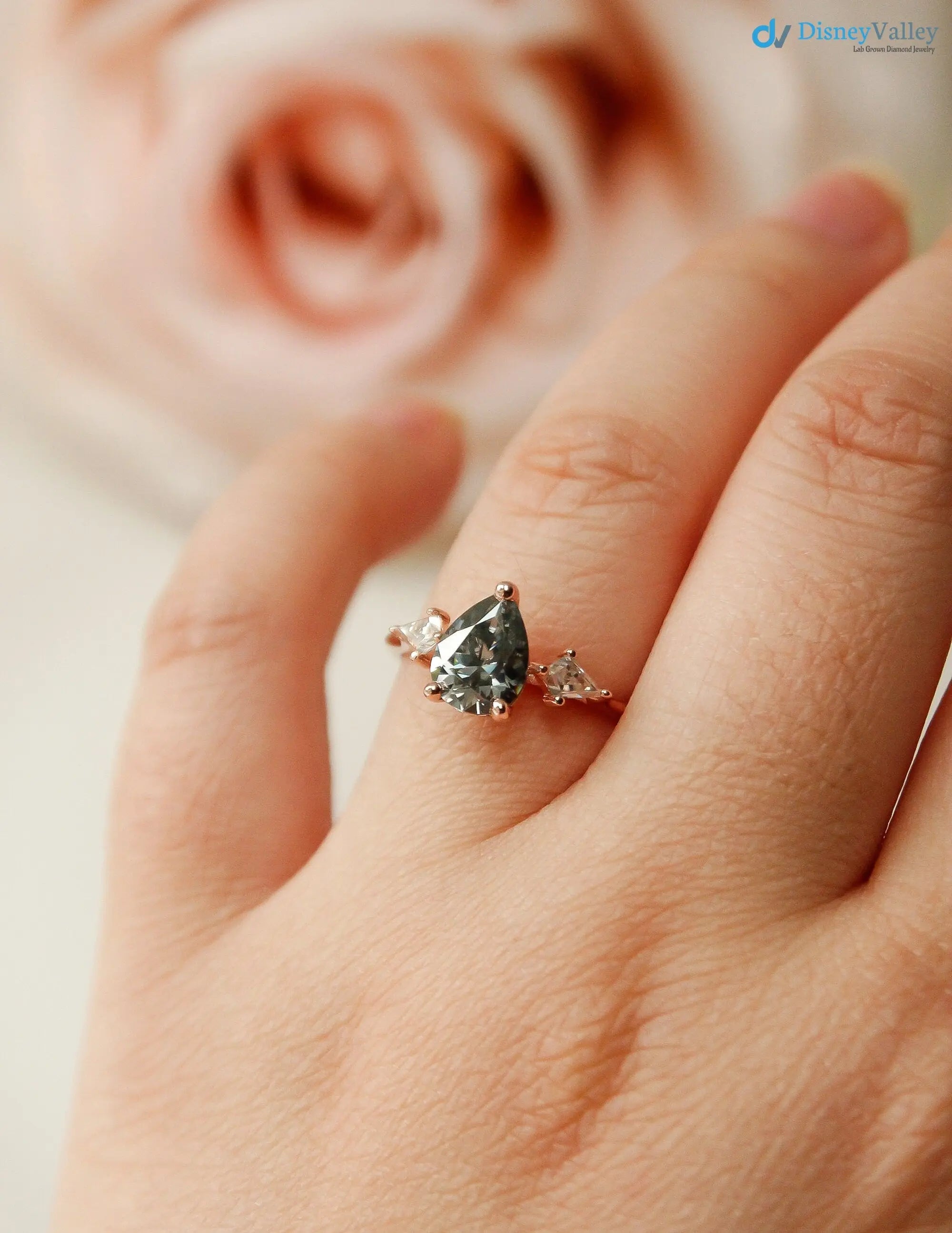 pear cut with solid Gold Grey lab grown Wedding Ring - DisneyValley