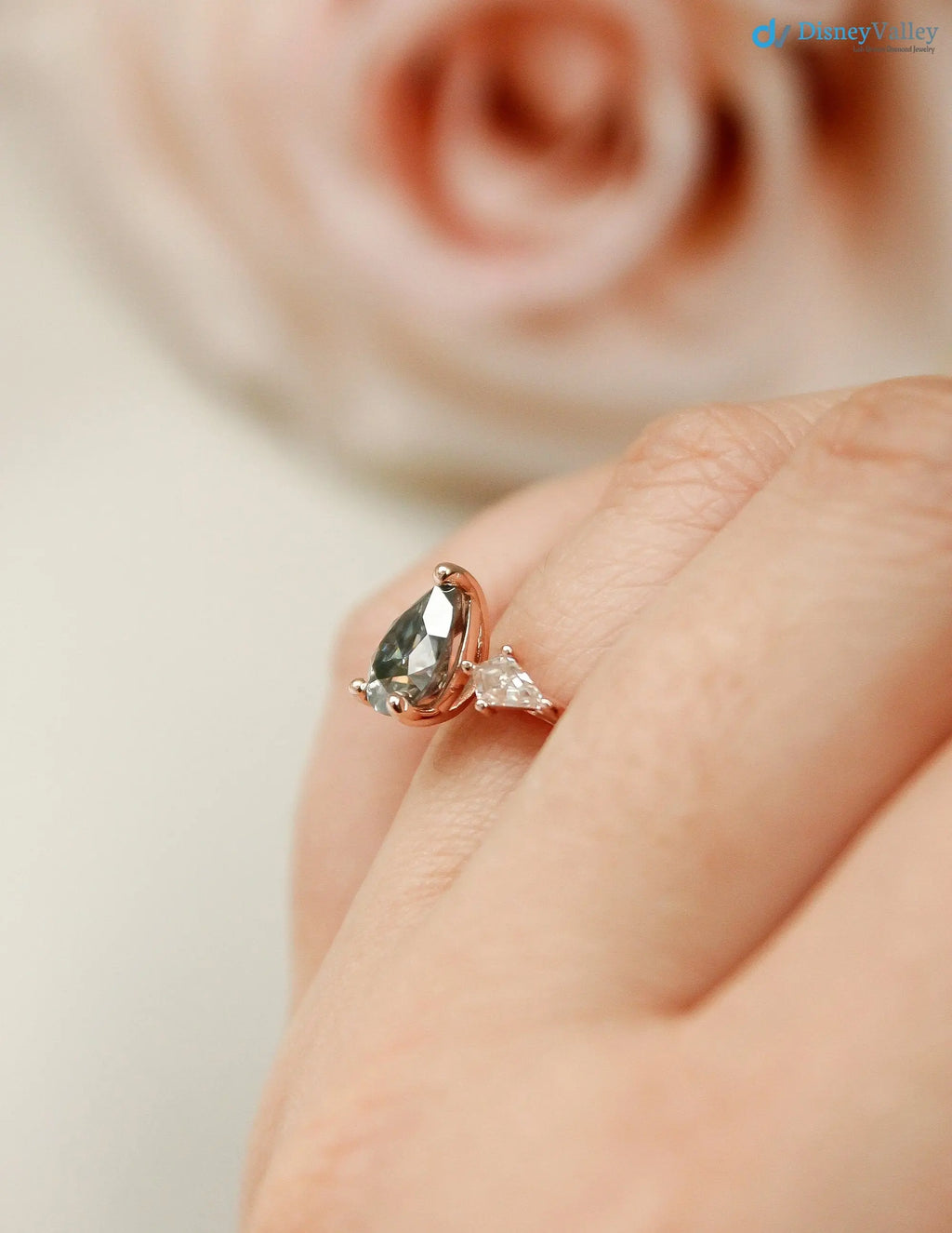 pear cut with solid Gold Grey lab grown Wedding Ring - DisneyValley