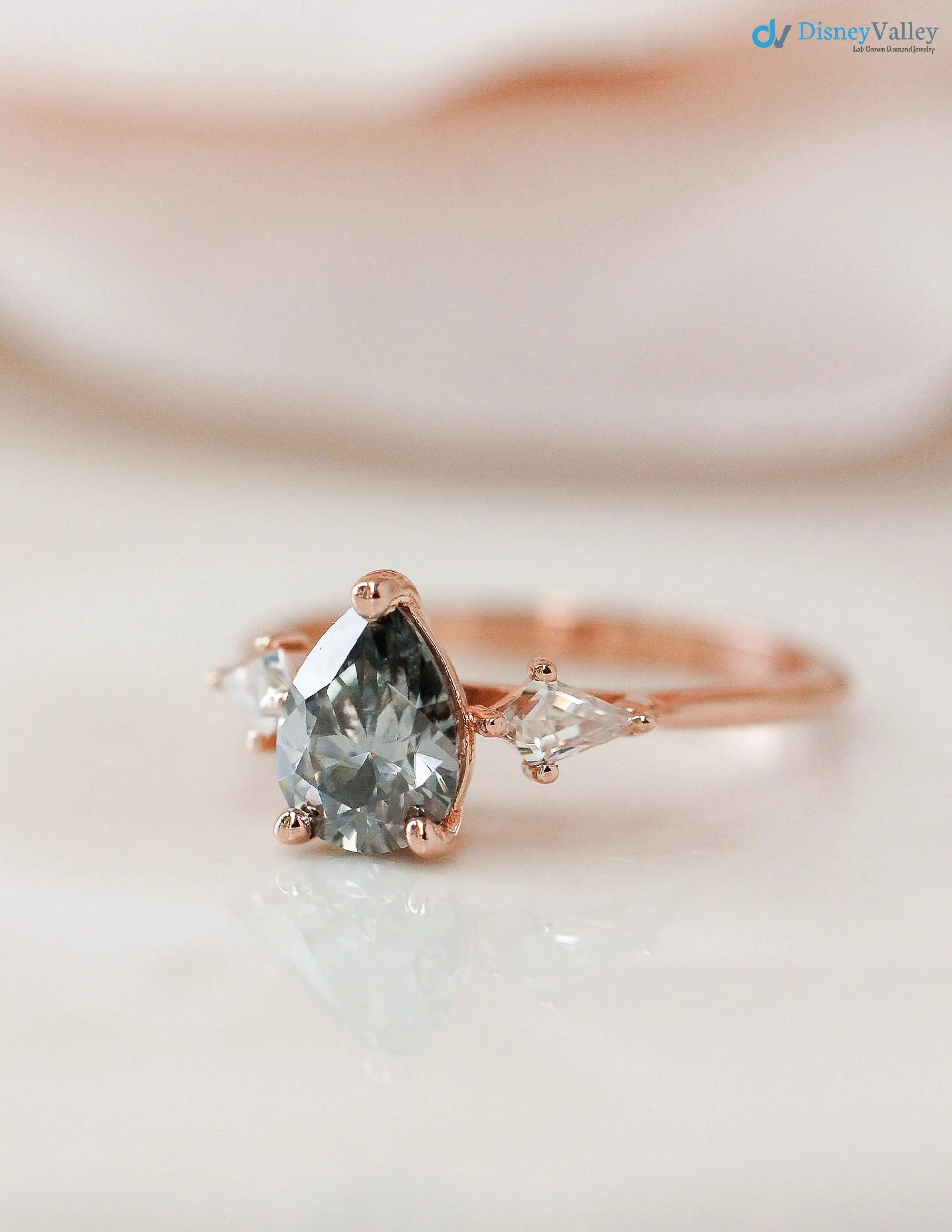 pear cut with solid Gold Grey lab grown Wedding Ring - DisneyValley