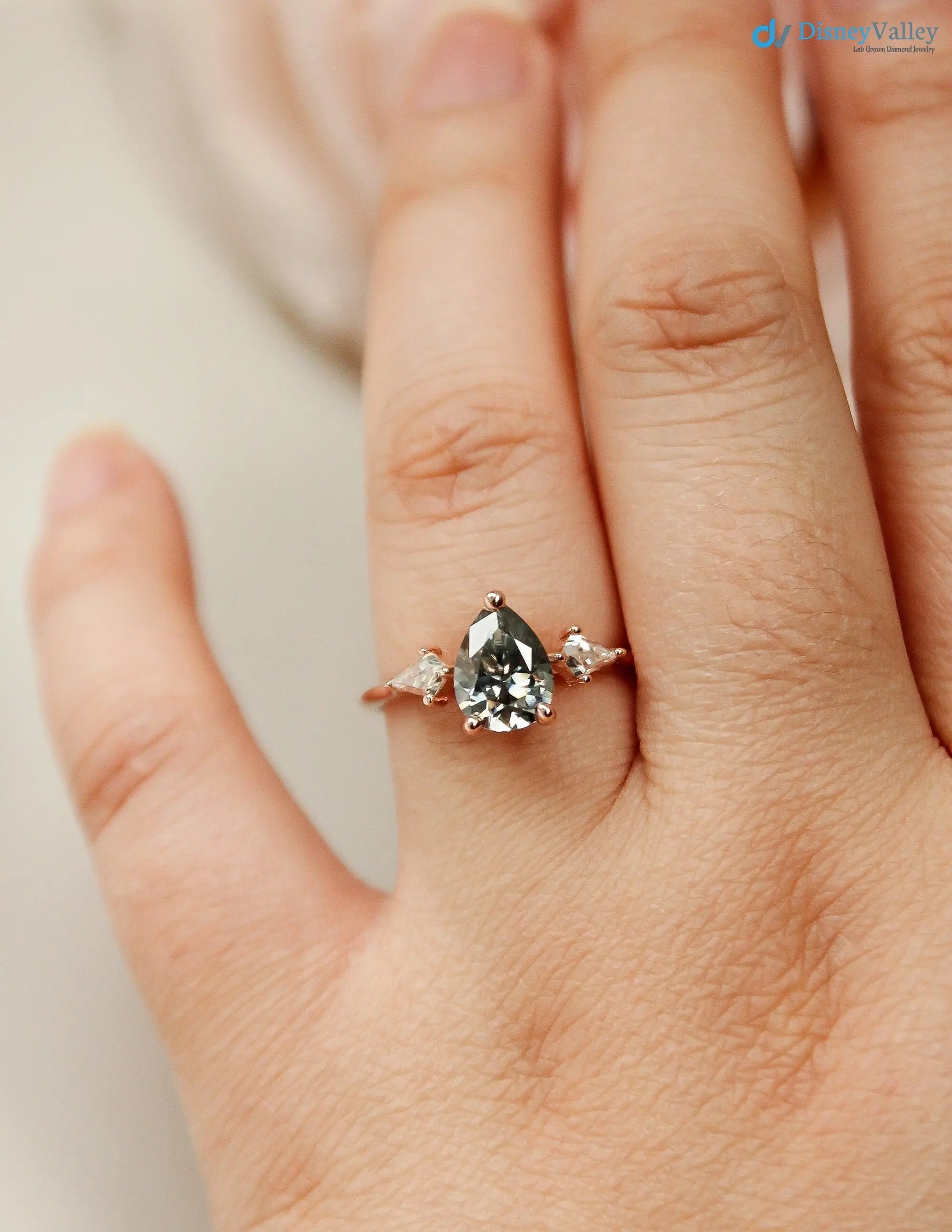 pear cut with solid Gold Grey lab grown Wedding Ring - DisneyValley