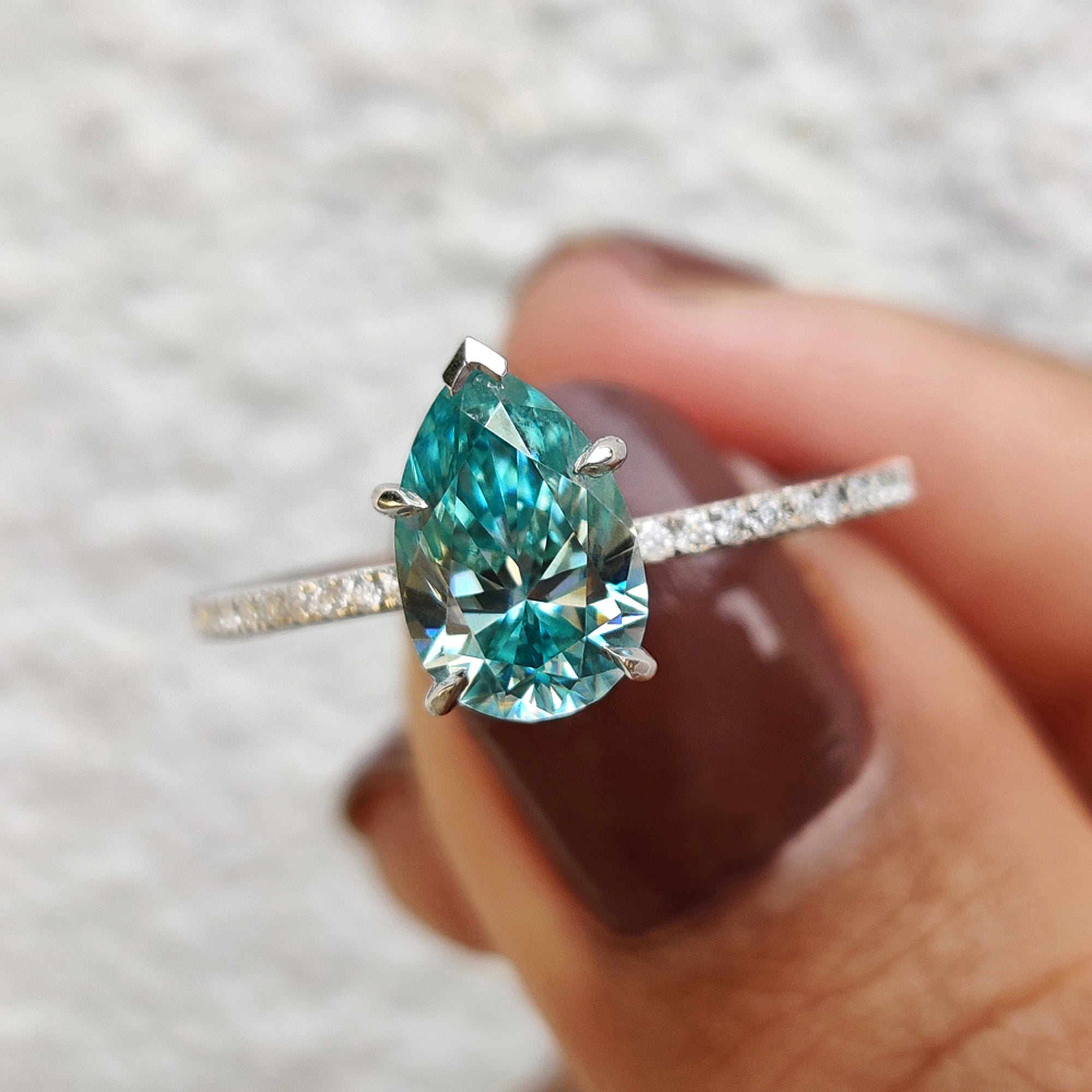 Cyan Blue Pear Shaped Moissanite Ring Main image