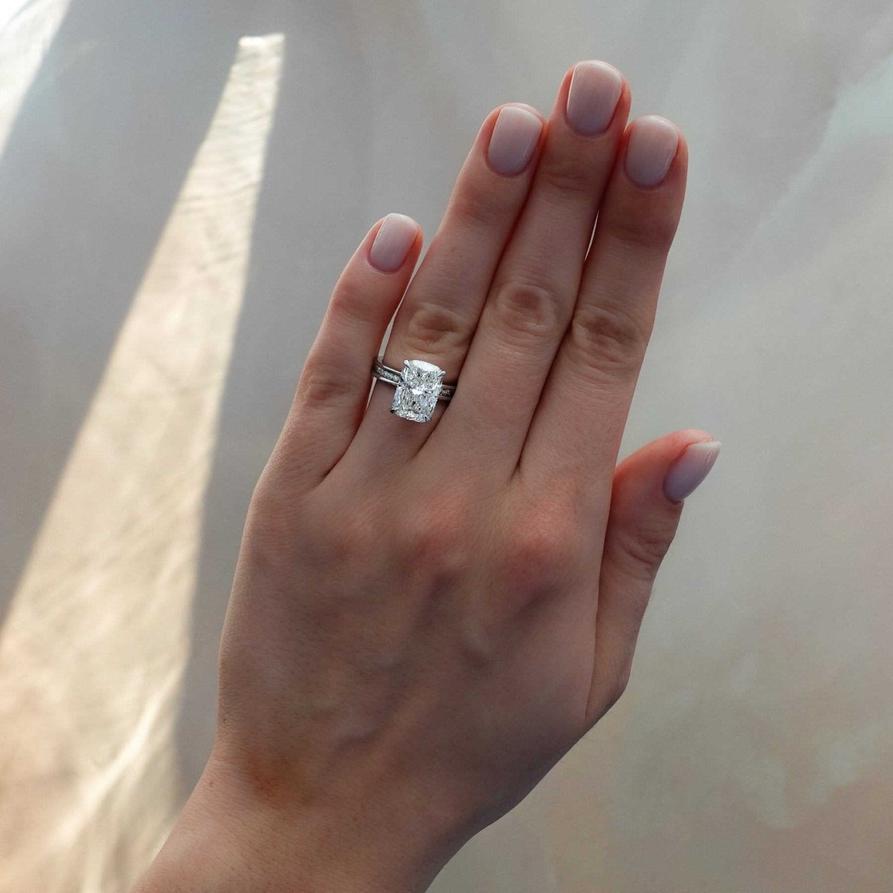 Petite Channel Set Engagement Ring with Lab Grown 3.06ct Elongated Cushion Cut Diamond