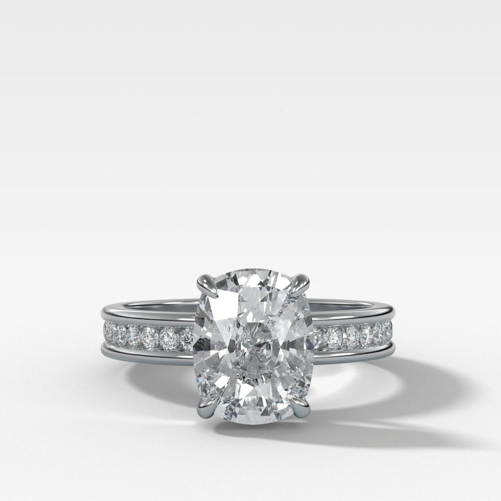 Petite Channel Set Engagement Ring with Lab Grown 3.06ct Elongated Cushion Cut Diamond
