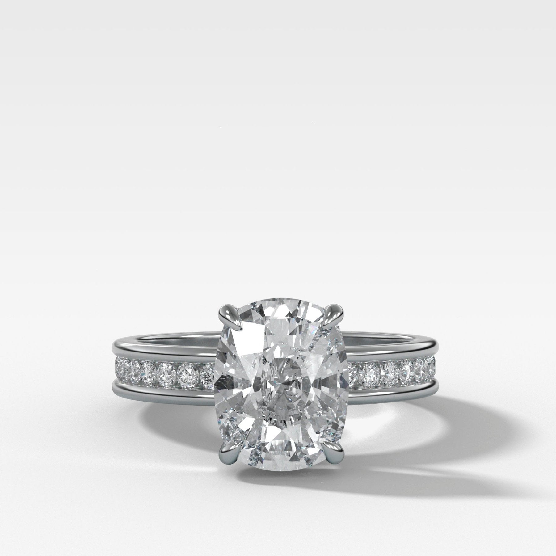 Petite Channel Set Engagement Ring with Lab Grown 3.06ct Elongated Cushion Cut Diamond