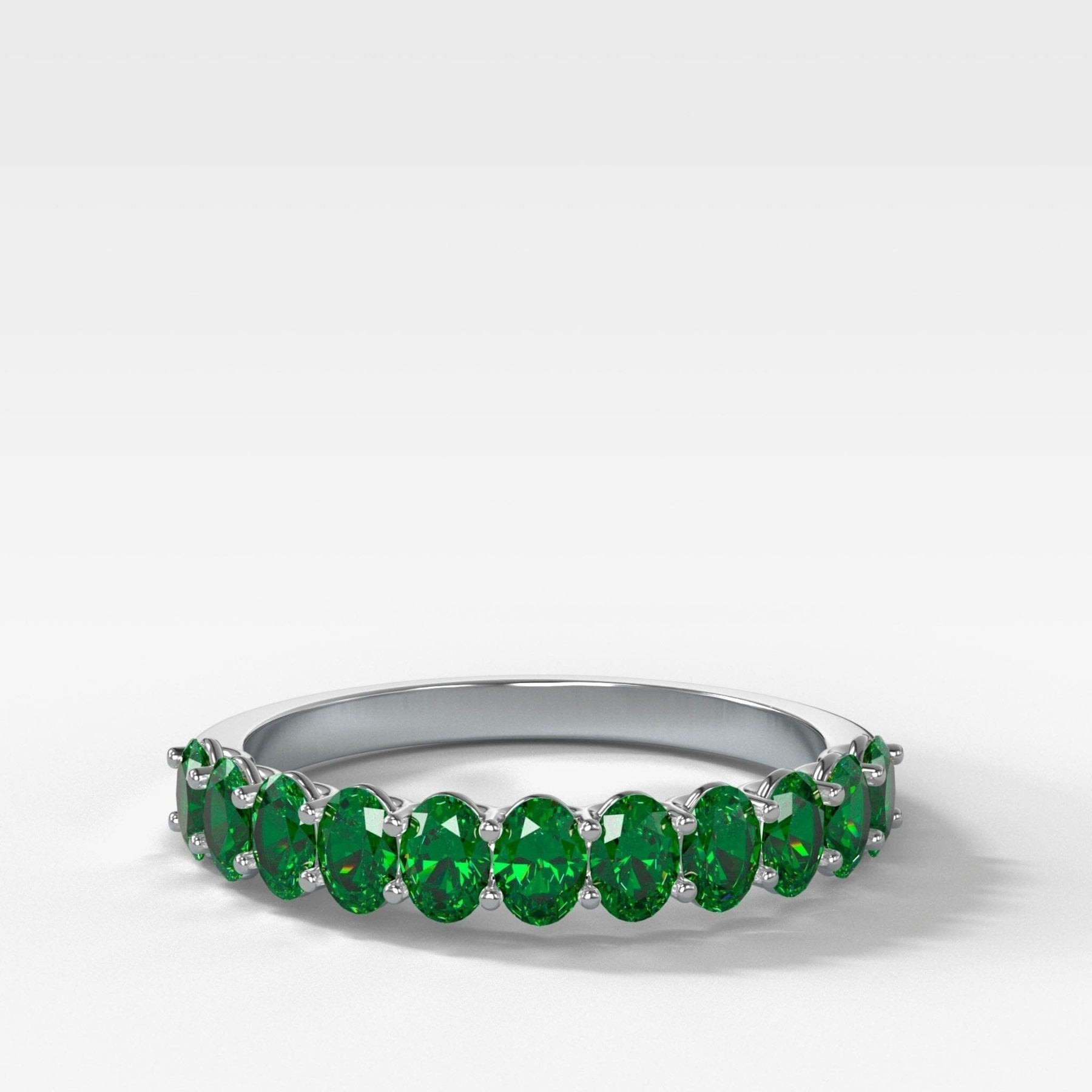 Petite Shared Prong Wedding Band with Green Emerald Oval Gemstones