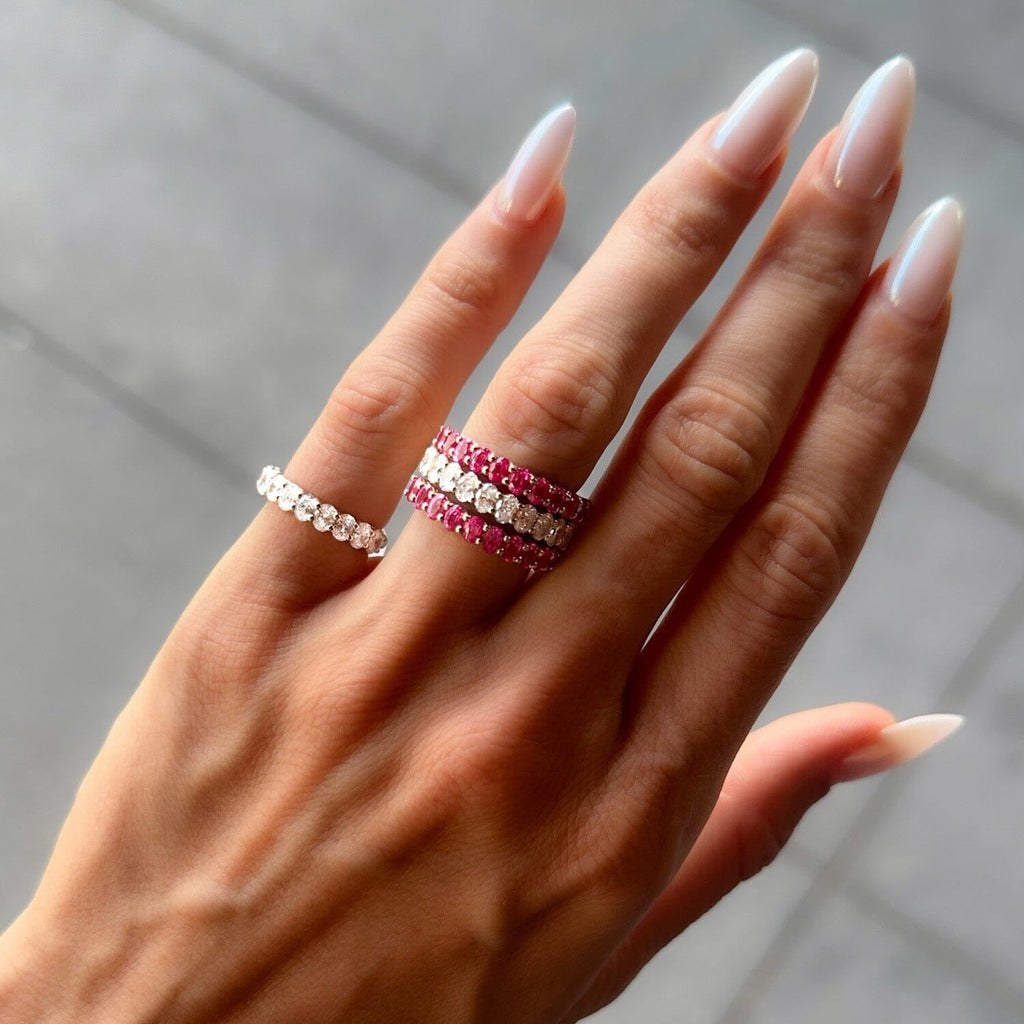 Petite Shared Prong Wedding Band with Pink Sapphire Oval Gemstones