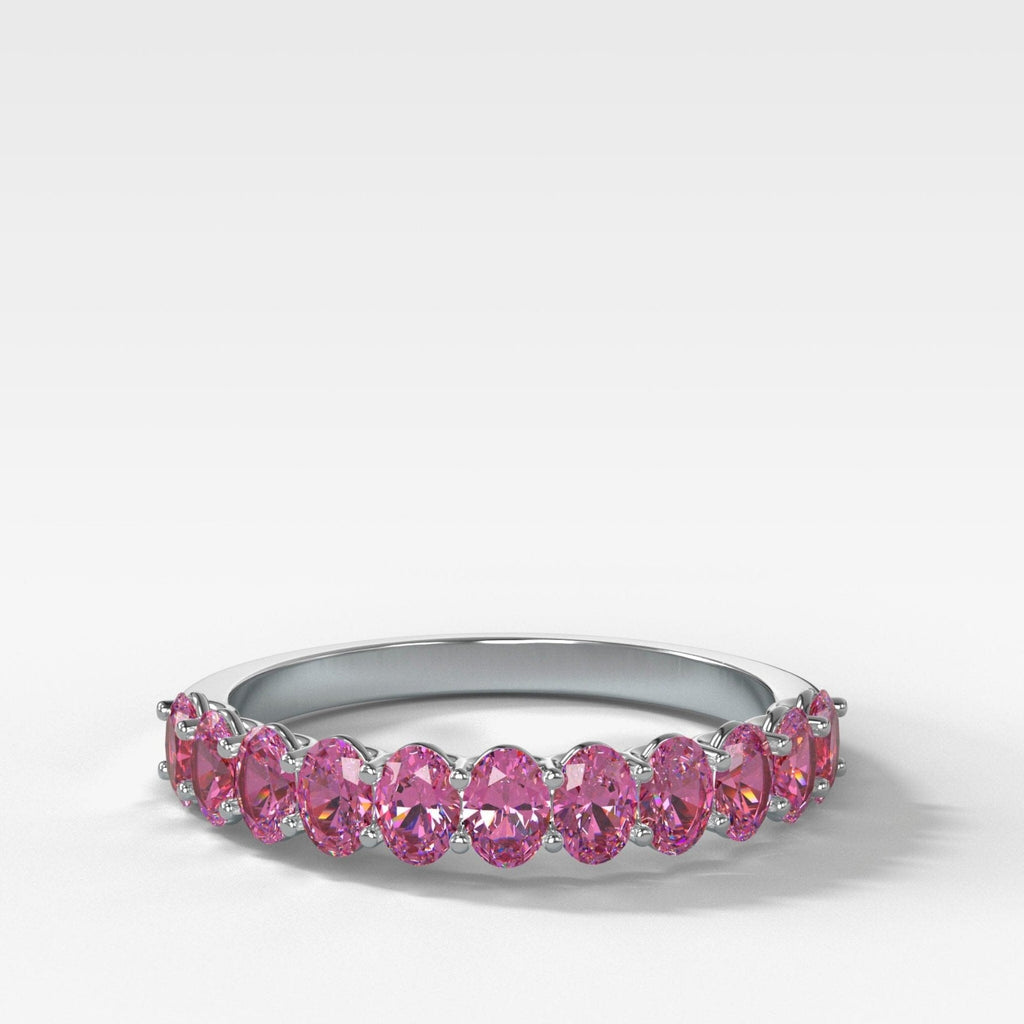 Petite Shared Prong Wedding Band with Pink Sapphire Oval Gemstones