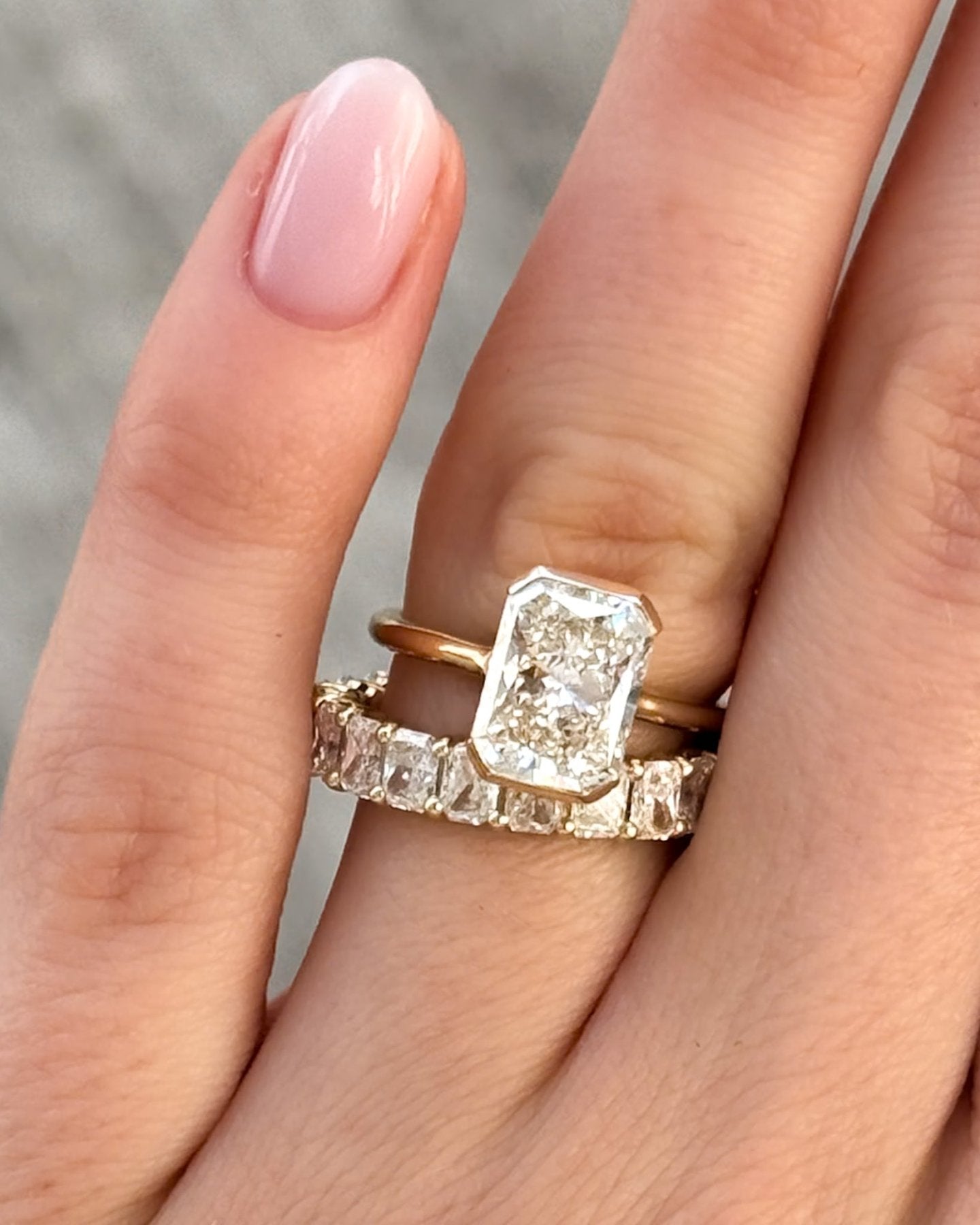 Petite Shared Prong Wedding Band with Radiant diamonds